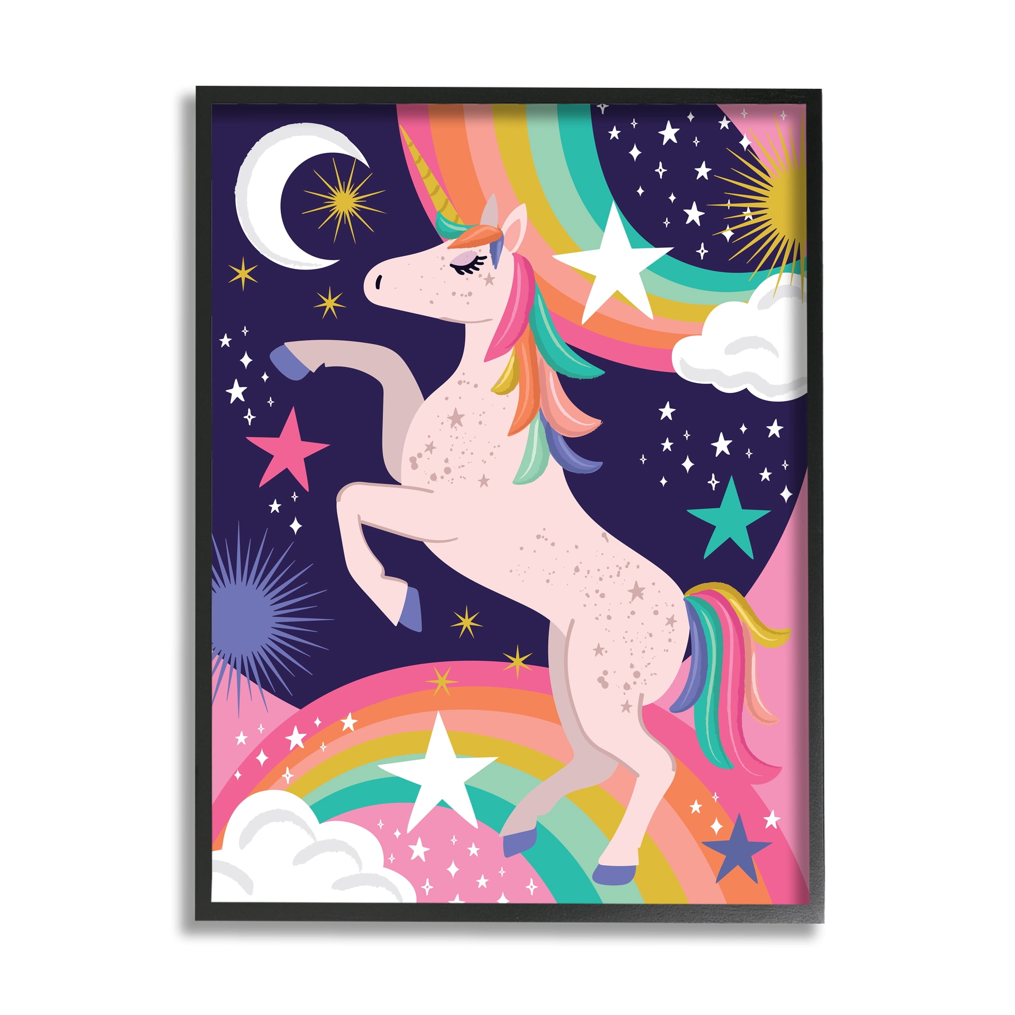 Stupell Industries Magical Space Unicorn Dancing Rainbows Starry Sky Fairy Tales & Fantasy Painting Black Framed Art Print Wall Art, 24 x 30