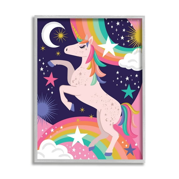 Stupell Industries Magical Space Unicorn Dancing Rainbows Starry Sky Fairy Tales & Fantasy Painting Gray Framed Art Print Wall Art, 11 x 14