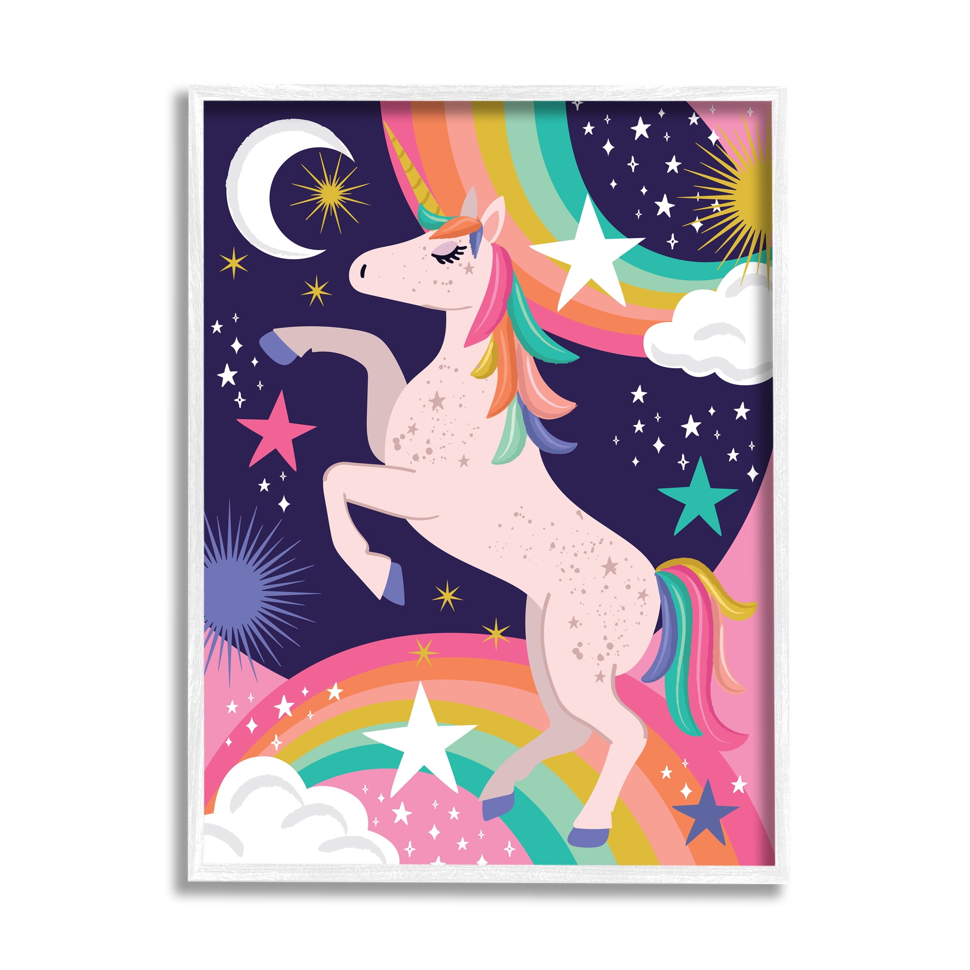 Stupell Industries Magical Space Unicorn Dancing Rainbows Starry Sky Novelty Painting White Framed Art Print Wall Art, 11 x 14, Design by Lisa Perry Whitebutton