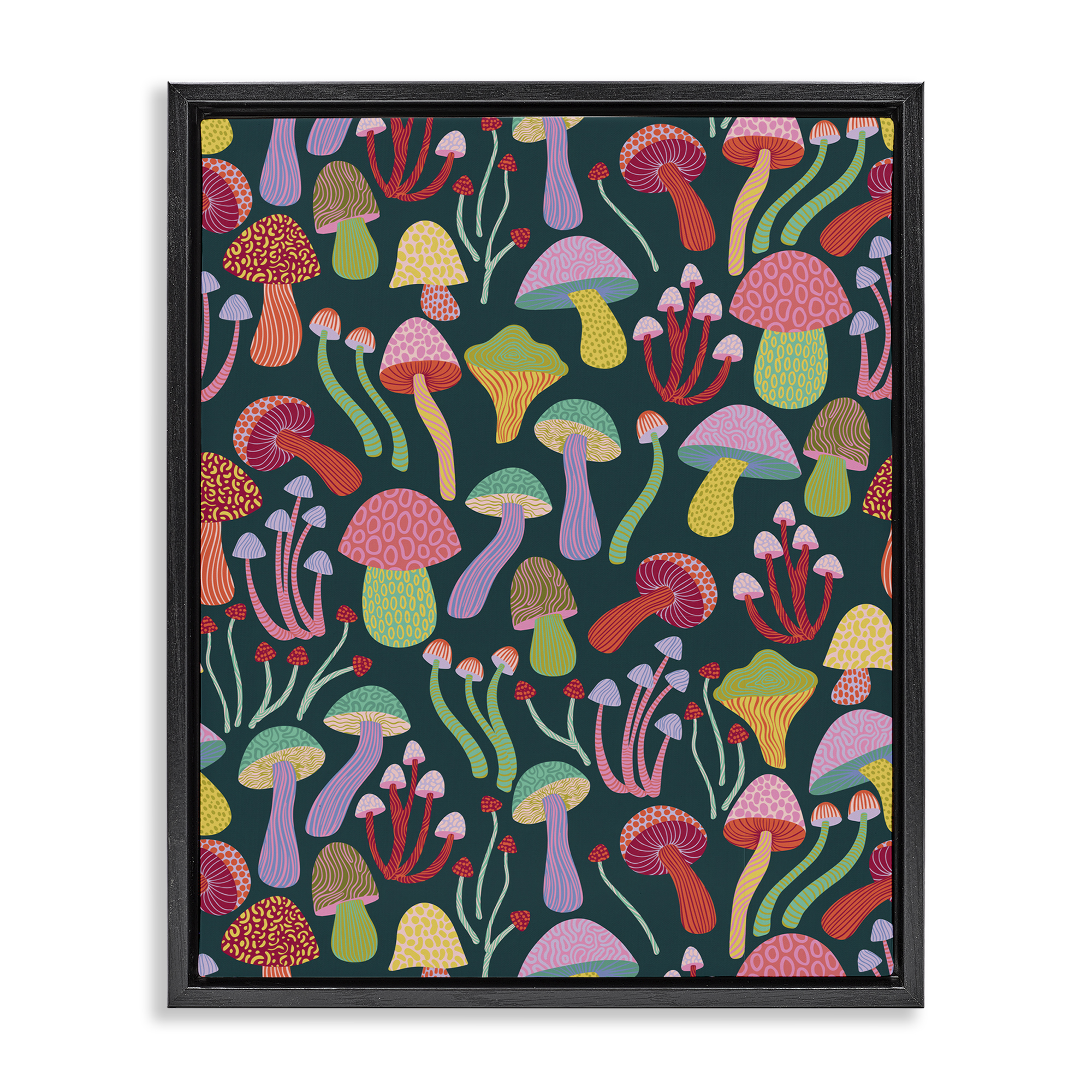 Stupell Industries Magical Times Mushrooms Plants & Flowers Painting Black Floater Framed Canvas Art Print Wall Art, 25 x 31