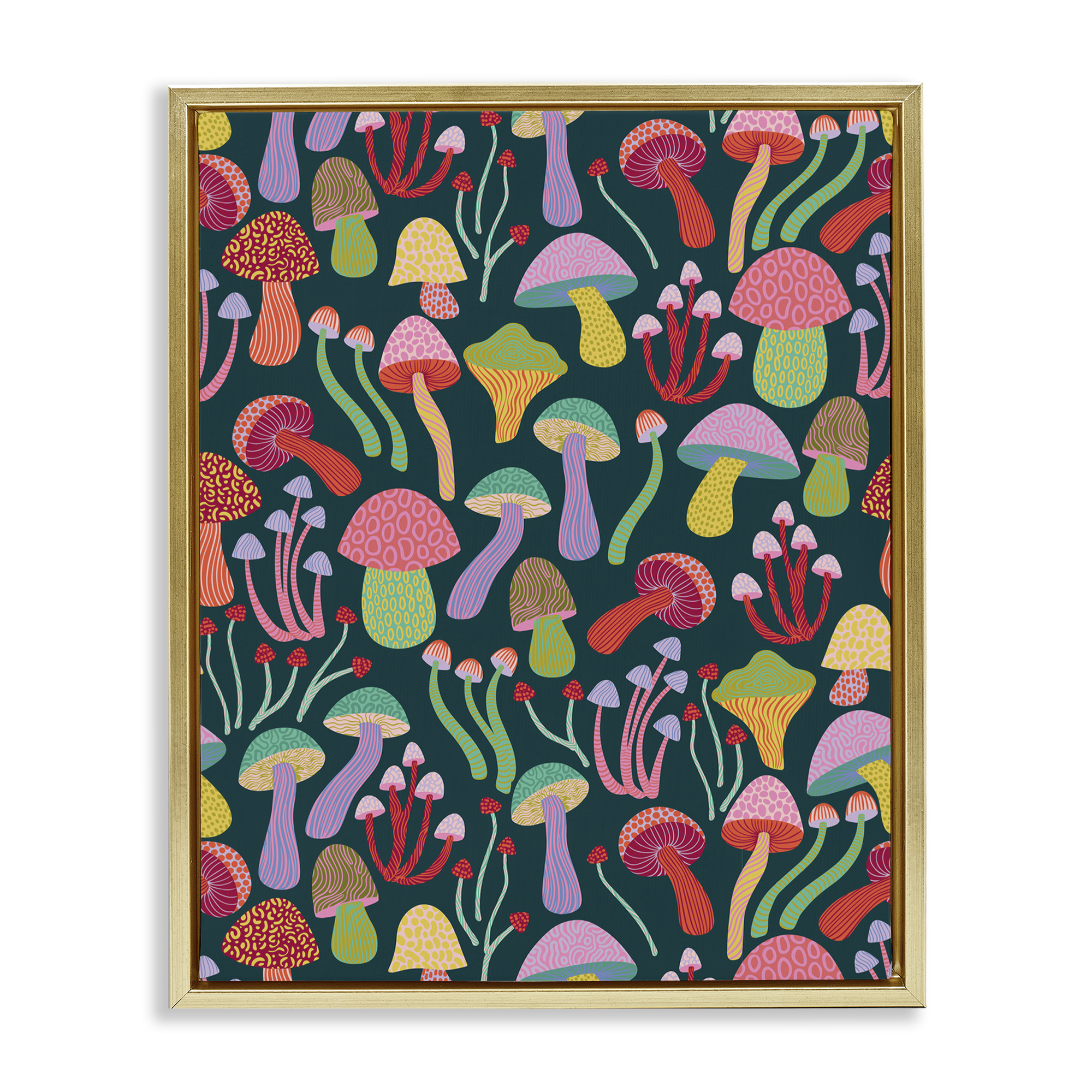 Stupell Industries Magical Times Mushrooms Plants & Flowers Painting Gold Floater Framed Canvas Art Print Wall Art, 17 x 21