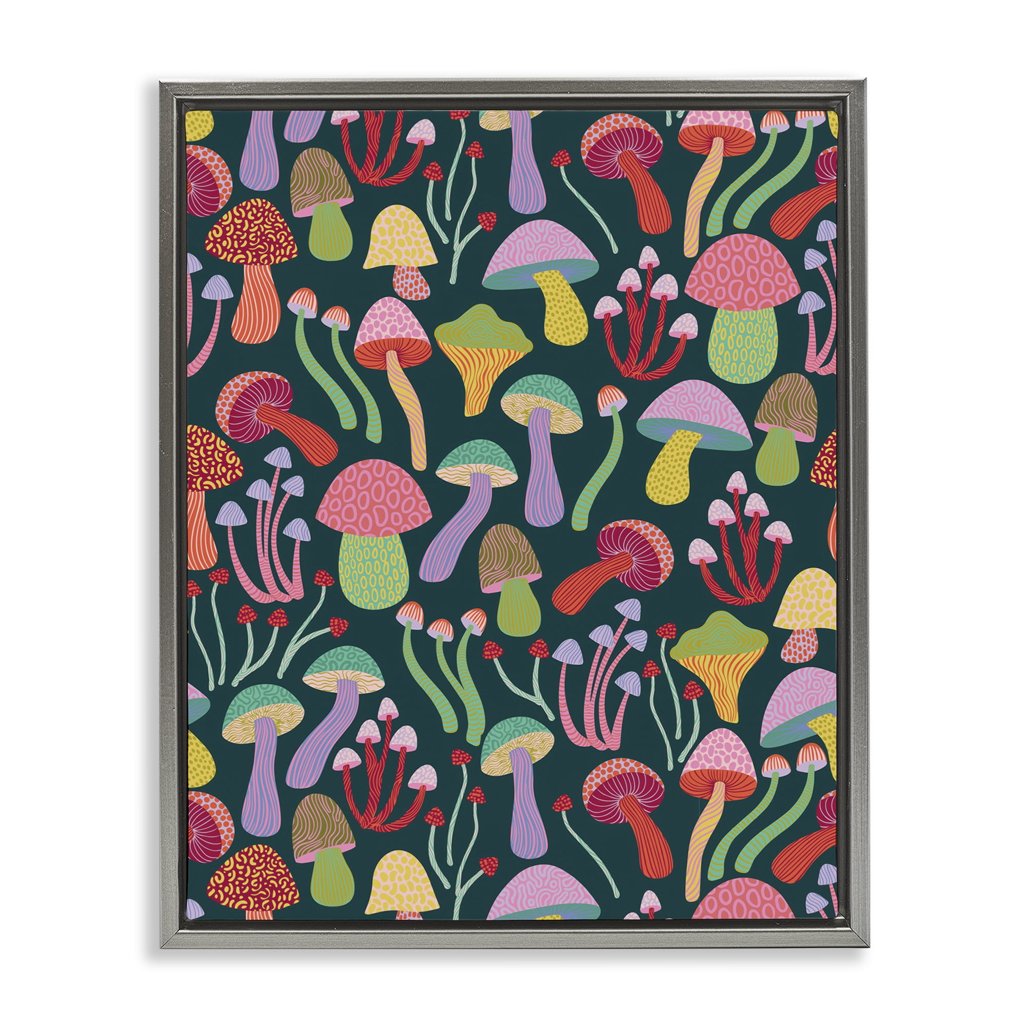 Stupell Industries Magical Times Mushrooms Plants & Flowers Painting Gray Floater Framed Canvas Art Print Wall Art, 17 x 21
