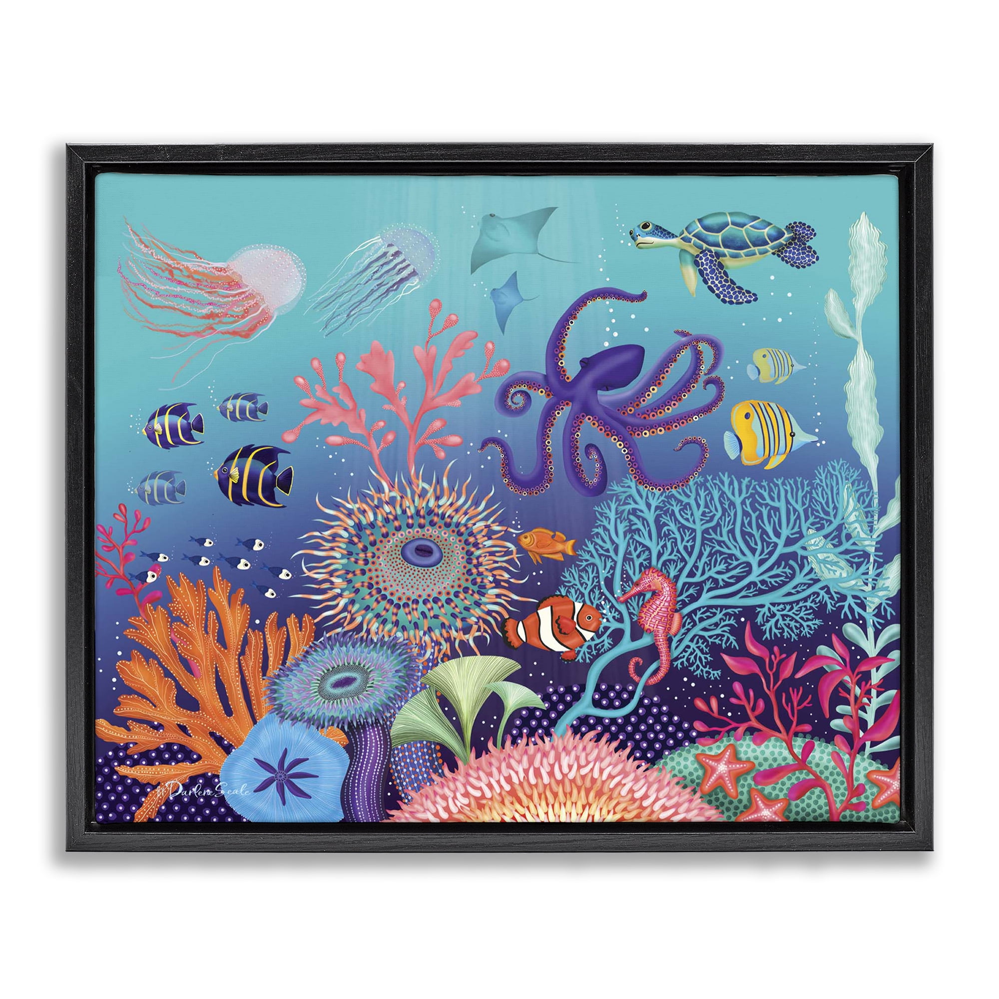 Stupell Industries Magical Underwater Reef Nautical & Beach Painting Black Floater Framed Canvas Art Print Wall Art, 25 x 31