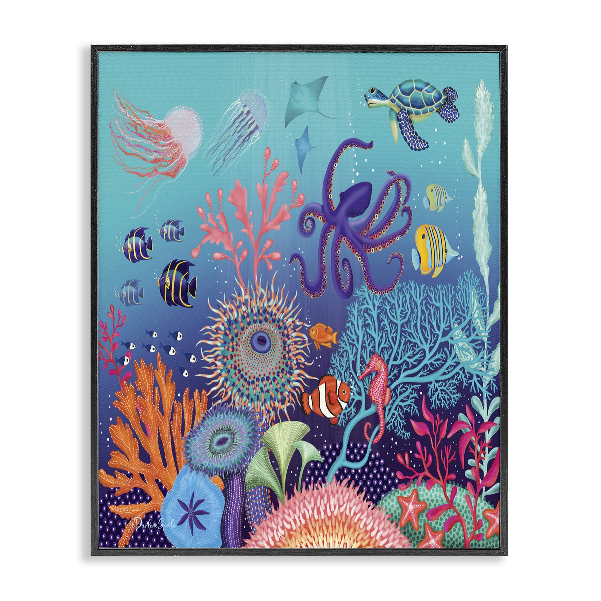 Stupell Industries Magical Underwater Reef Nautical & Beach Painting Black Framed Art Print Wall Art, 16 x 20
