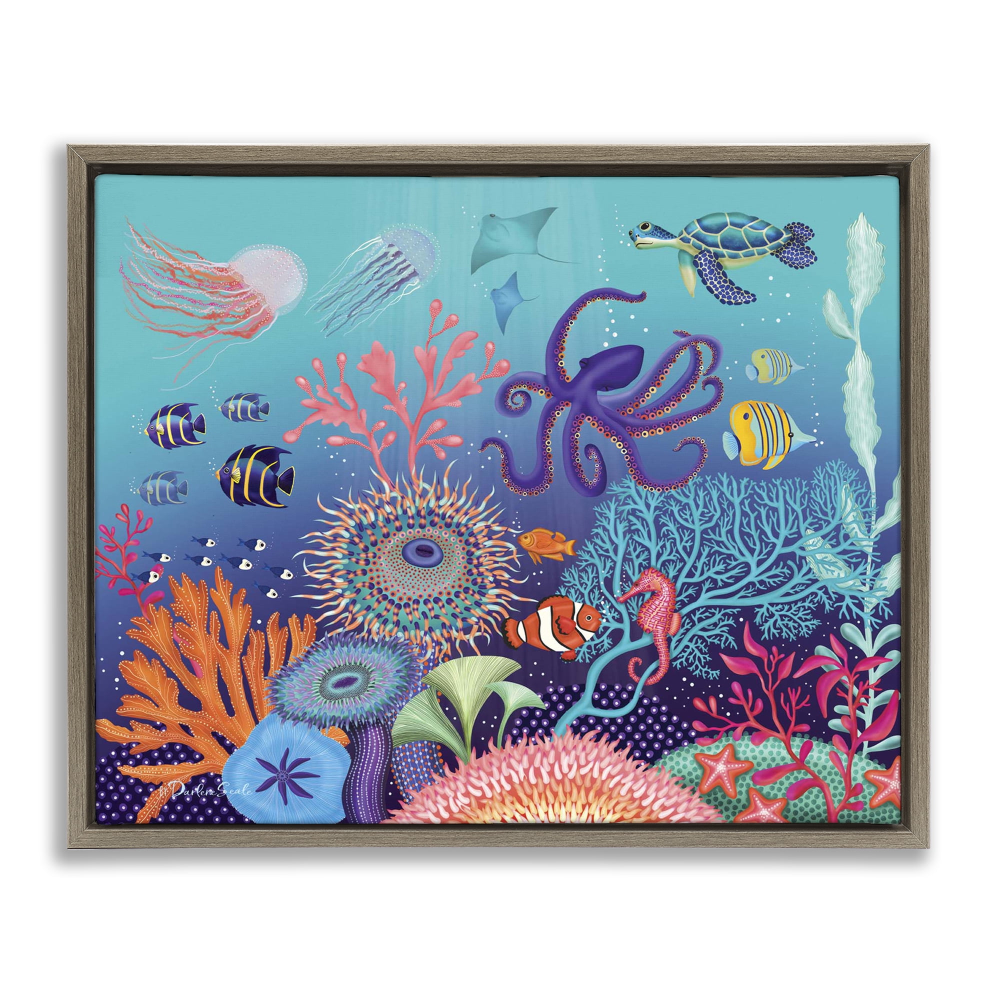 Stupell Industries Magical Underwater Reef Nautical & Beach Painting Brown Floater Framed Canvas Art Print Wall Art, 25 x 31