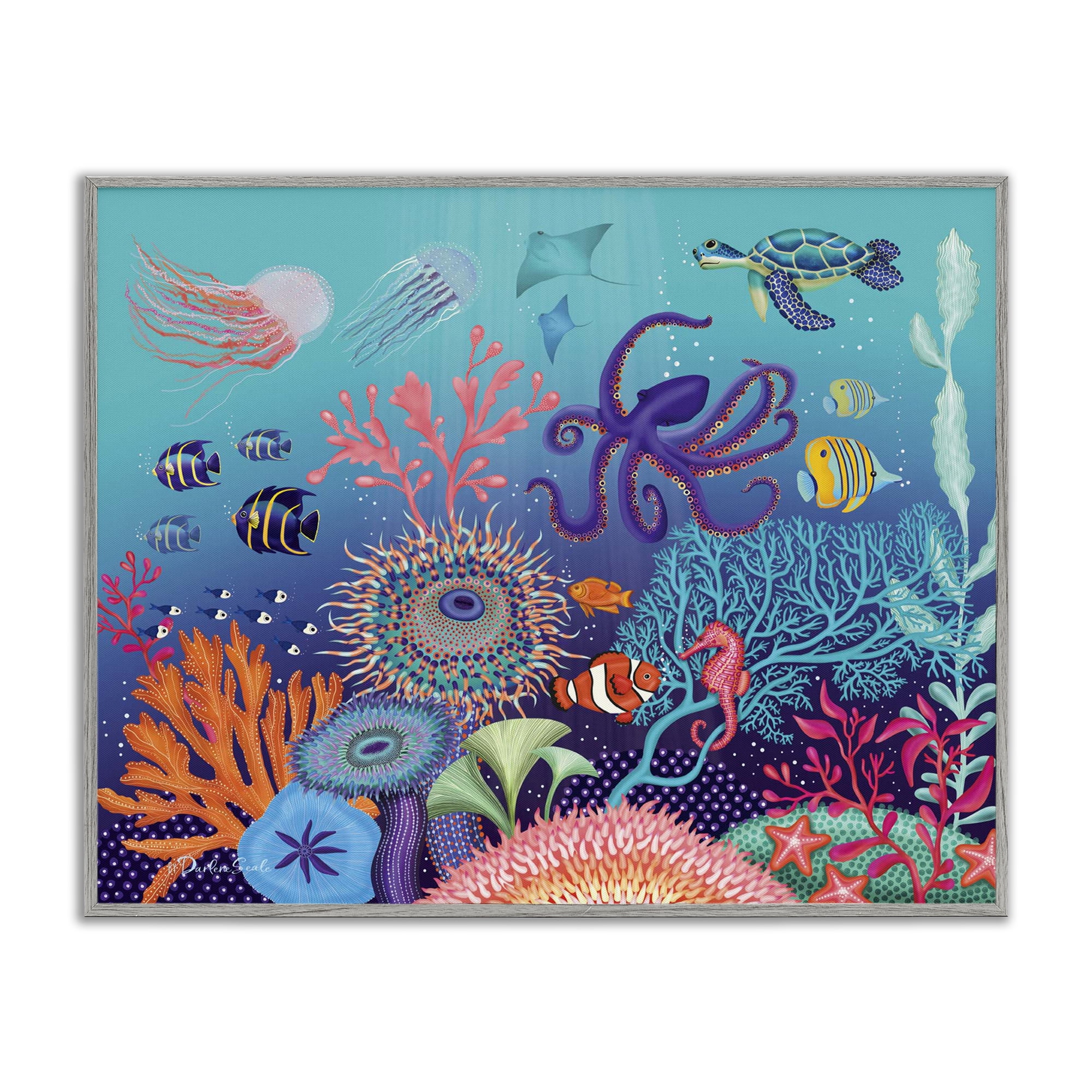 Stupell Industries Magical Underwater Reef Nautical & Beach Painting Gray Framed Art Print Wall Art, 11 x 14