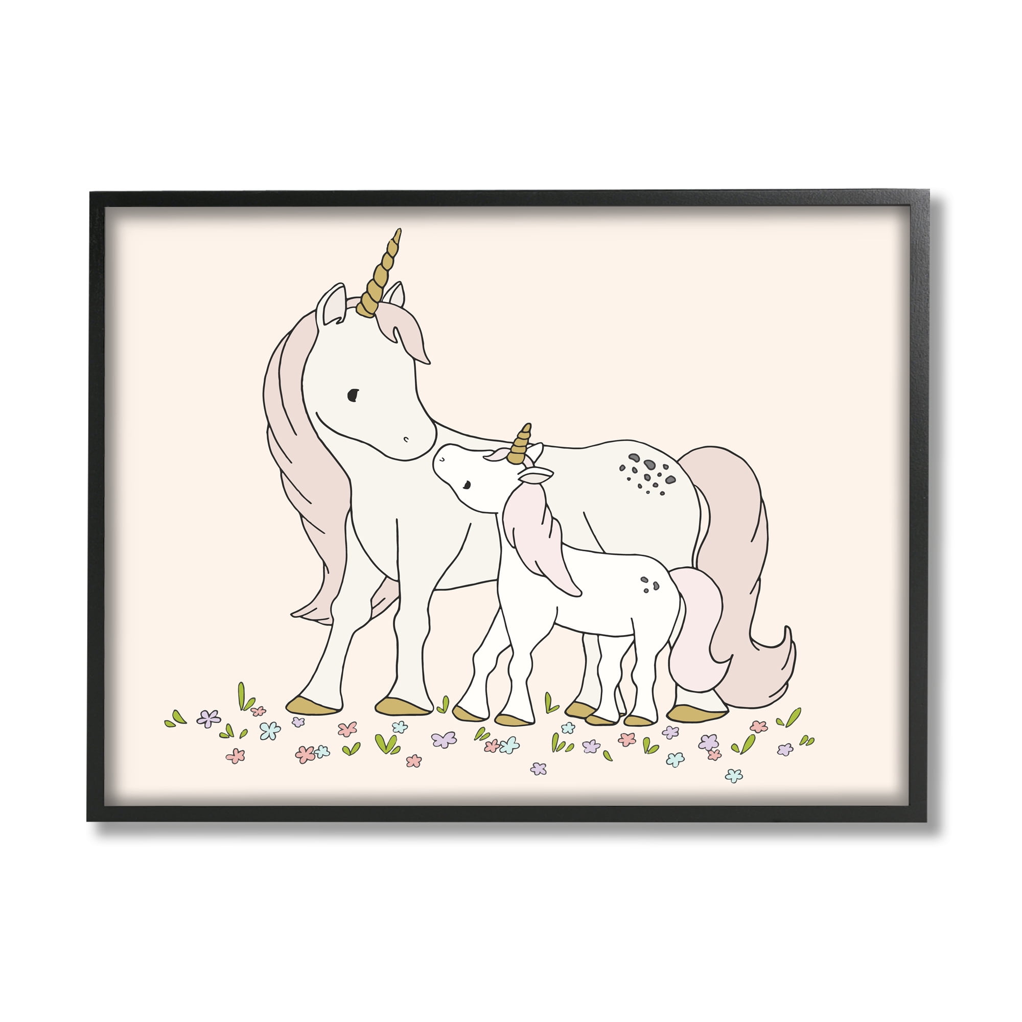 Stupell Industries Magical Unicorn Mother & Baby Family Flower Meadow Graphic Art Black Framed Art Print Wall Art, Design by Sweet Melody Designs