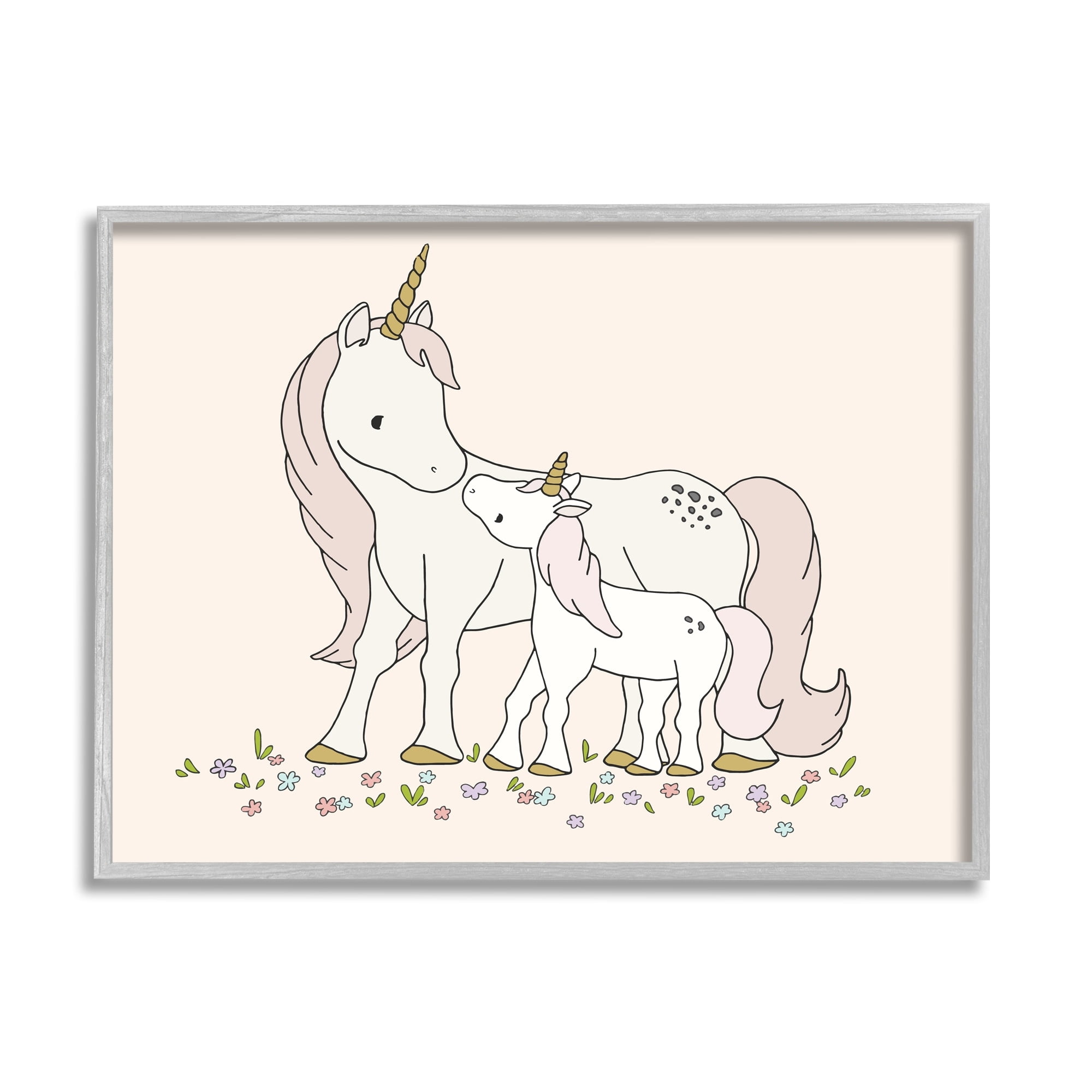 Stupell Industries Magical Unicorn Mother & Baby Family Flower Meadow Graphic Art Gray Framed Art Print Wall Art, Design by Sweet Melody Designs