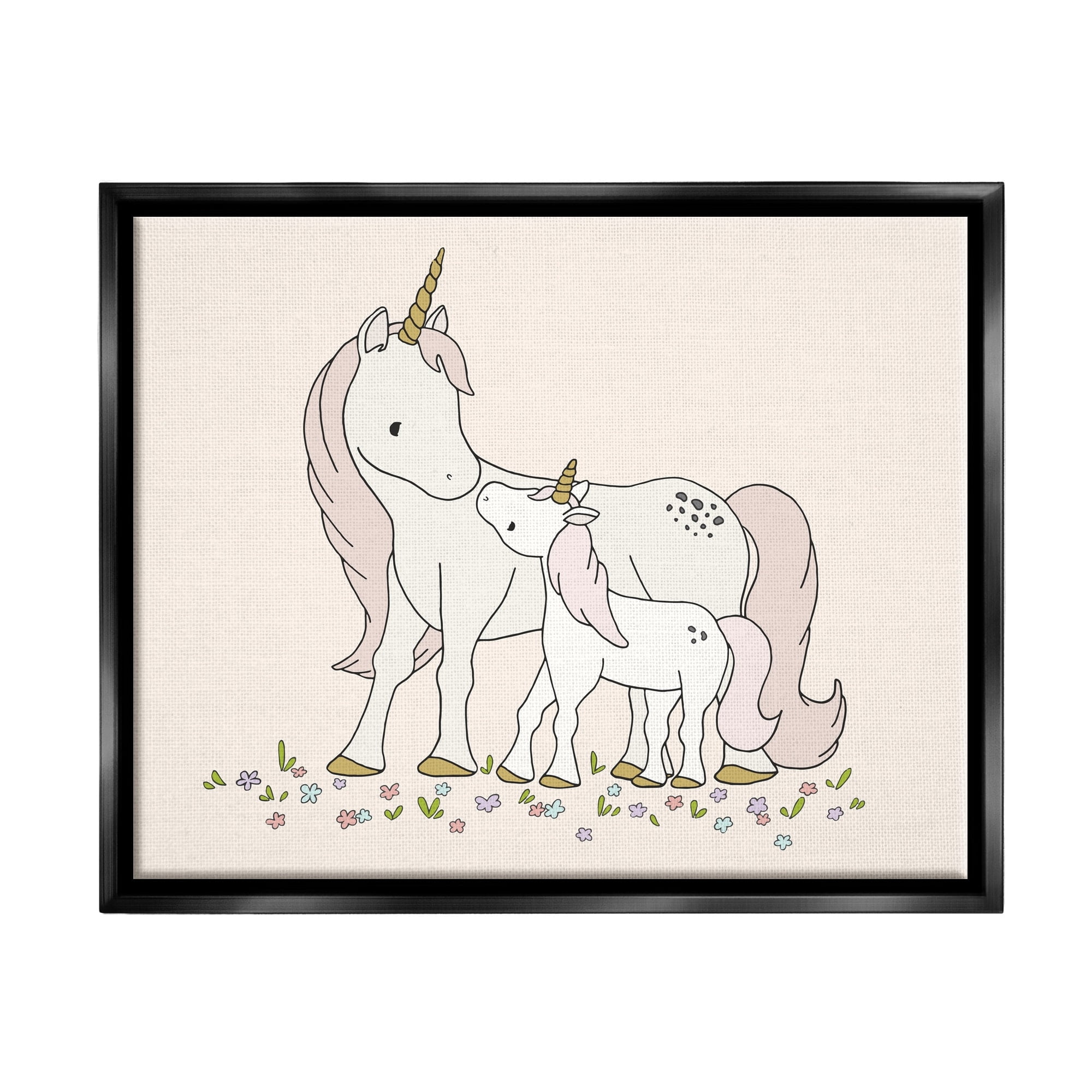 Stupell Industries Magical Unicorn Mother & Baby Family Flower Meadow Graphic Art Jet Black Floating Framed Canvas Print Wall Art, Design by Sweet Melody Designs