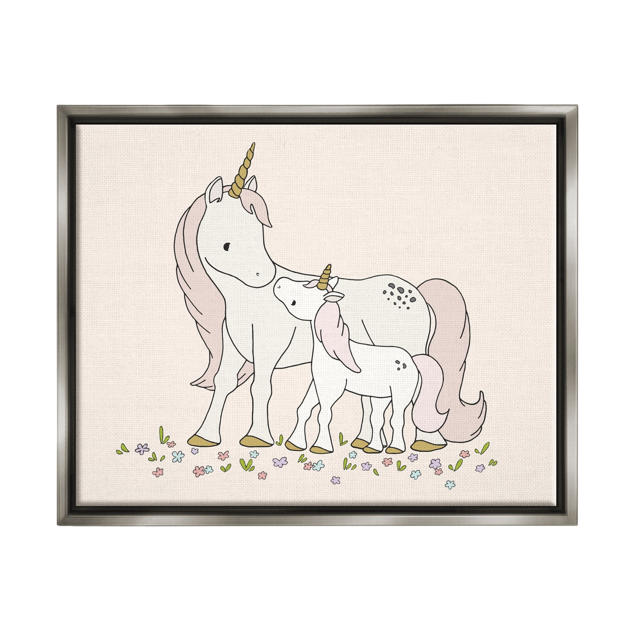 Stupell Industries Magical Unicorn Mother & Baby Family Flower Meadow Graphic Art Luster Gray Floating Framed Canvas Print Wall Art, Design by Sweet Melody Designs