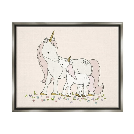 Stupell Industries Magical Unicorn Mother & Baby Family Flower Meadow Graphic Art Luster Gray Floating Framed Canvas Print Wall Art, Design by Sweet Melody Designs