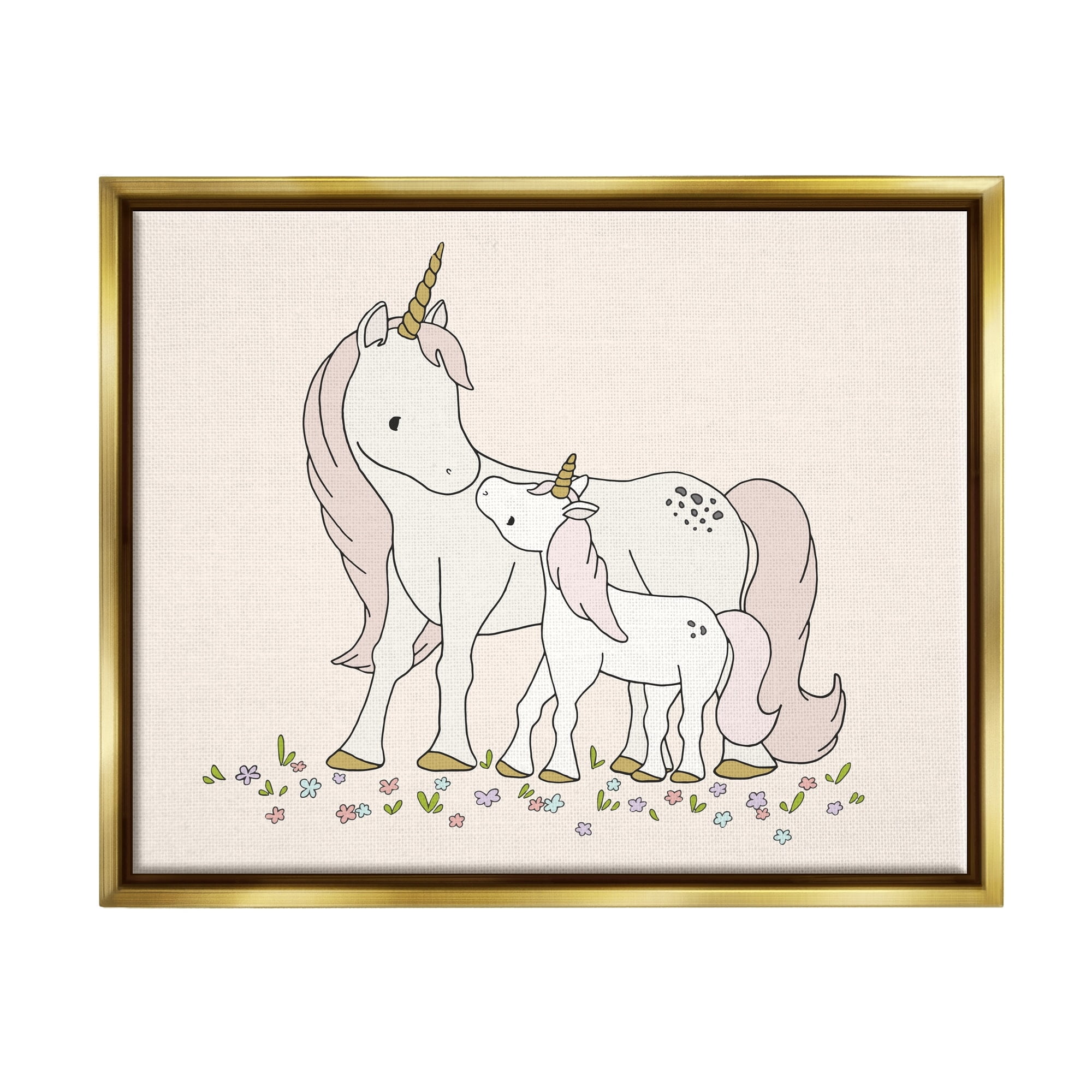 Stupell Industries Magical Unicorn Mother & Baby Family Flower Meadow Graphic Art Metallic Gold Floating Framed Canvas Print Wall Art, Design by Sweet Melody Designs