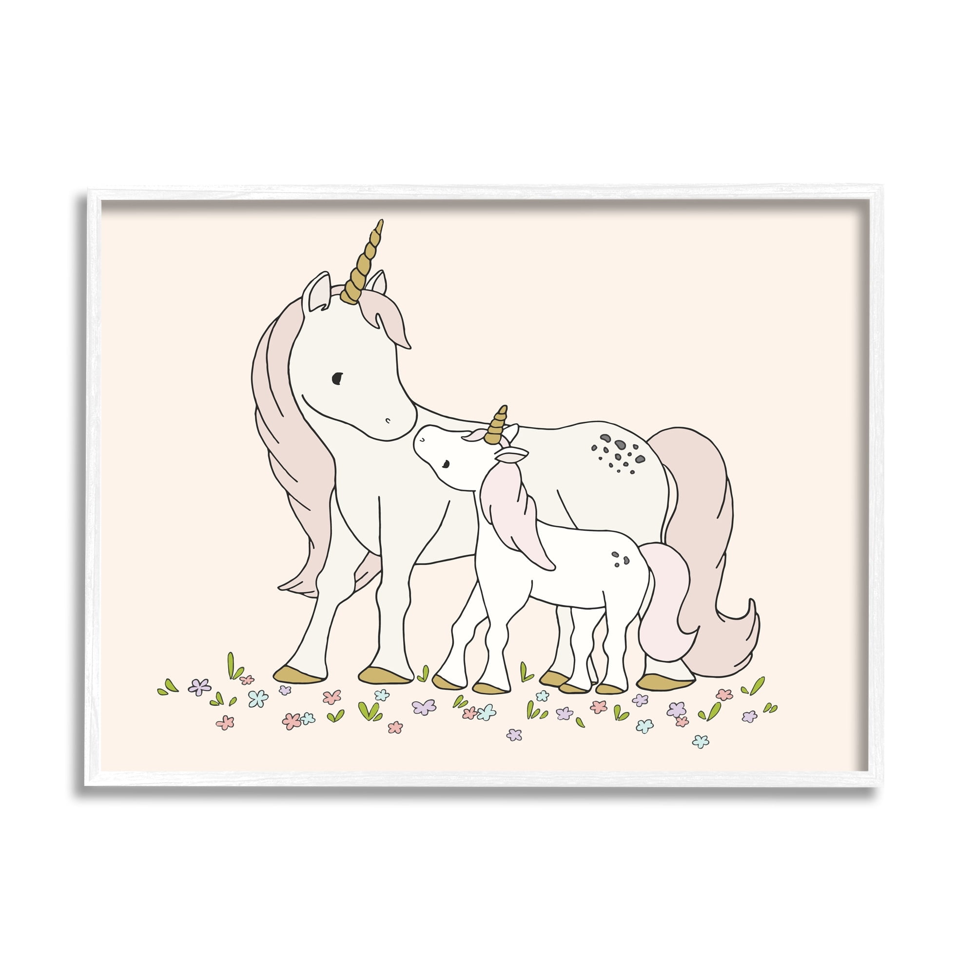 Stupell Industries Magical Unicorn Mother & Baby Family Flower Meadow Graphic Art White Framed Art Print Wall Art, Design by Sweet Melody Designs