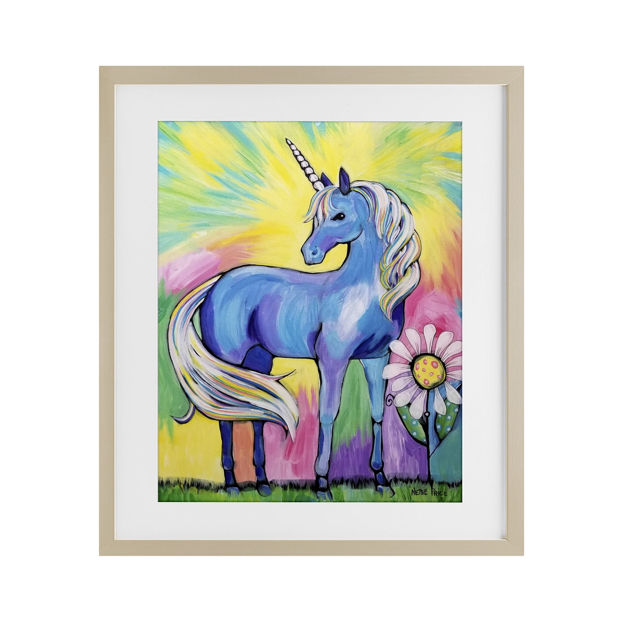 Stupell Industries Magical Unicorn in Rainbow Meadow Birch Framed Print Under Glass, design by Nettie Price
