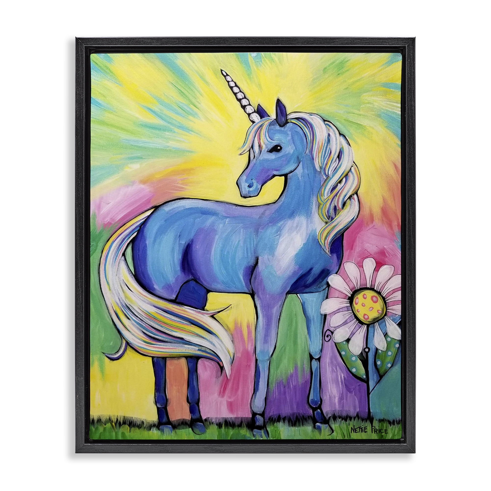 Stupell Industries Magical Unicorn in Rainbow Meadow Black Framed Floater Canvas Wall Art, design by Nettie Price