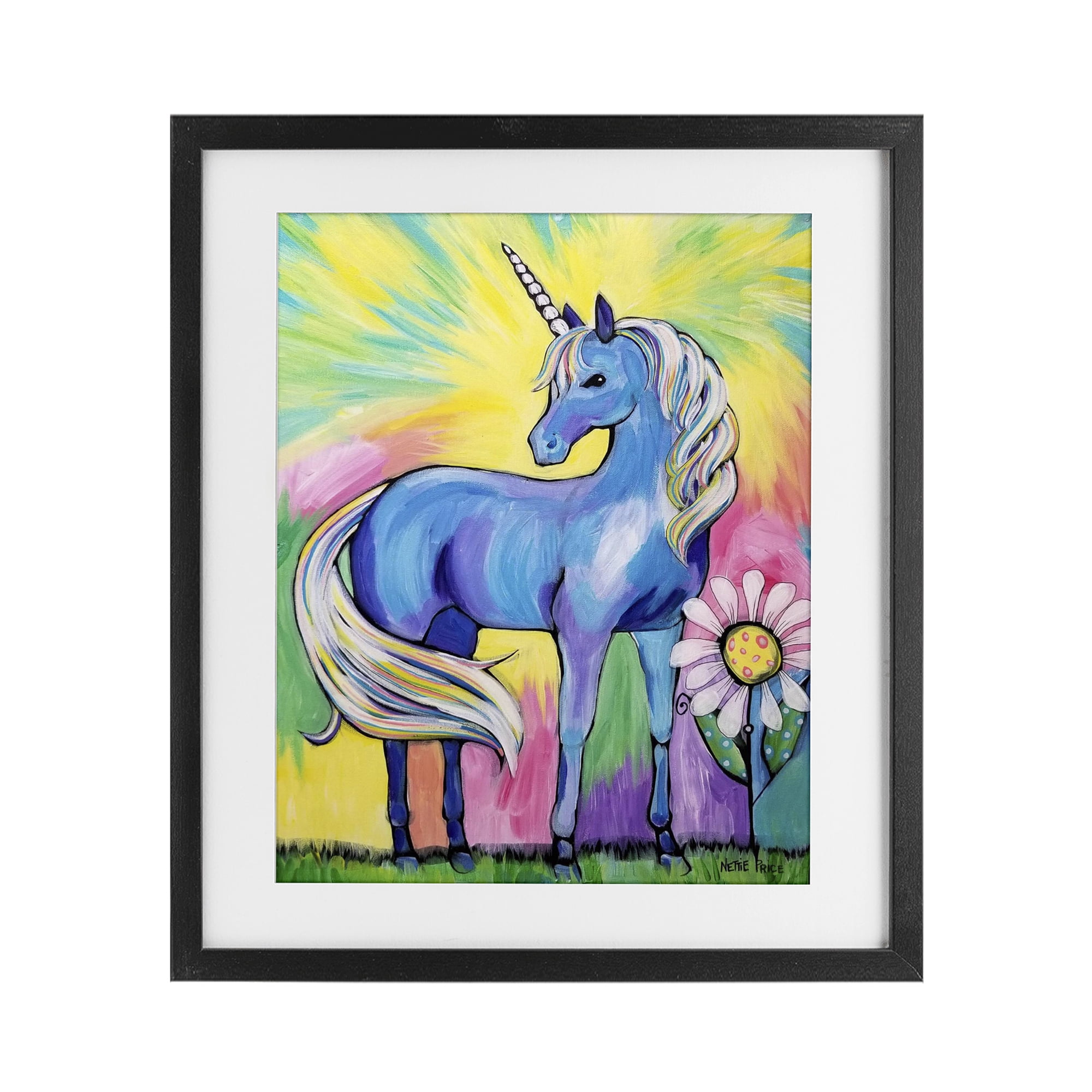Stupell Industries Magical Unicorn in Rainbow Meadow Black Framed Print Under Glass, design by Nettie Price