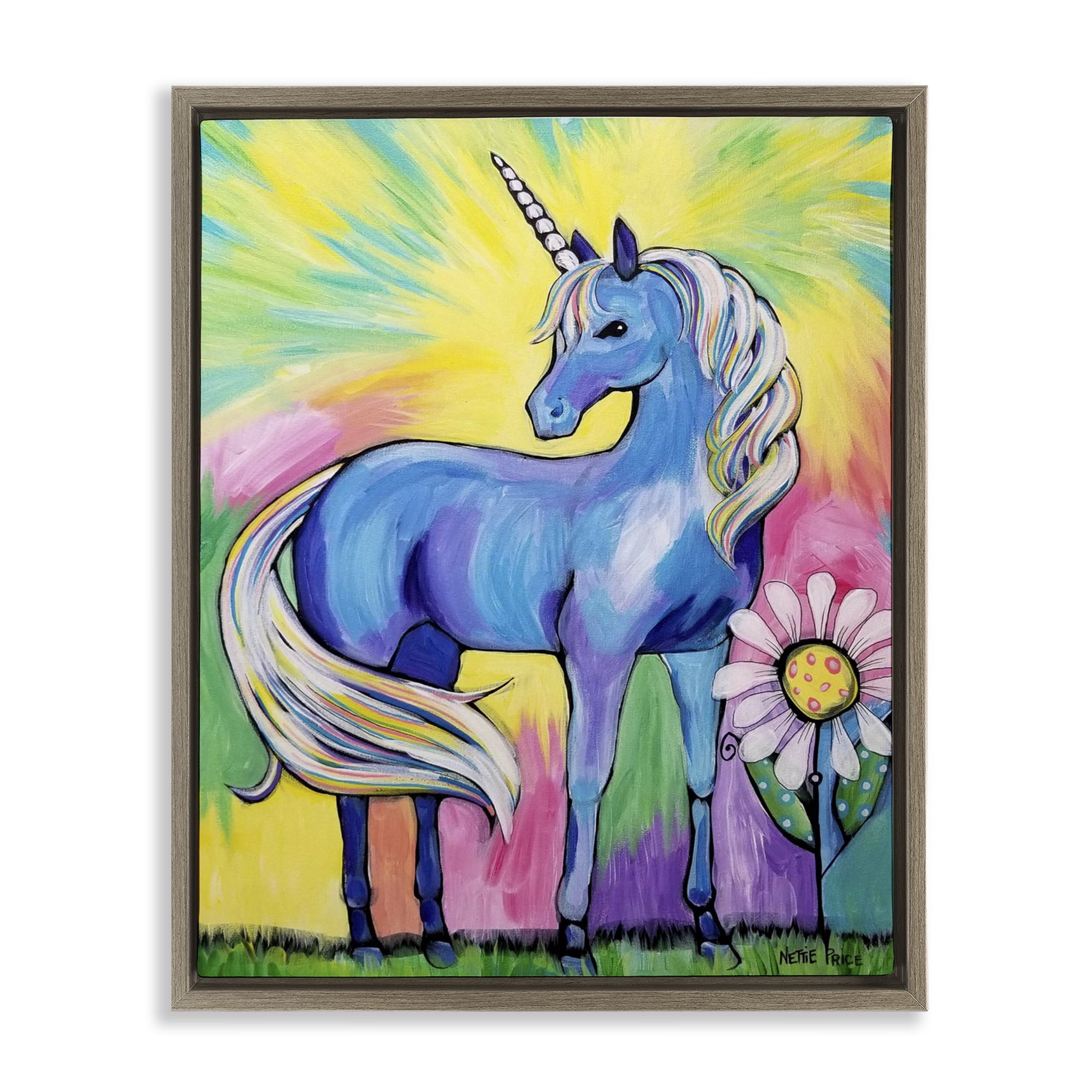 Stupell Industries Magical Unicorn in Rainbow Meadow Brown Framed Floater Canvas Wall Art, design by Nettie Price