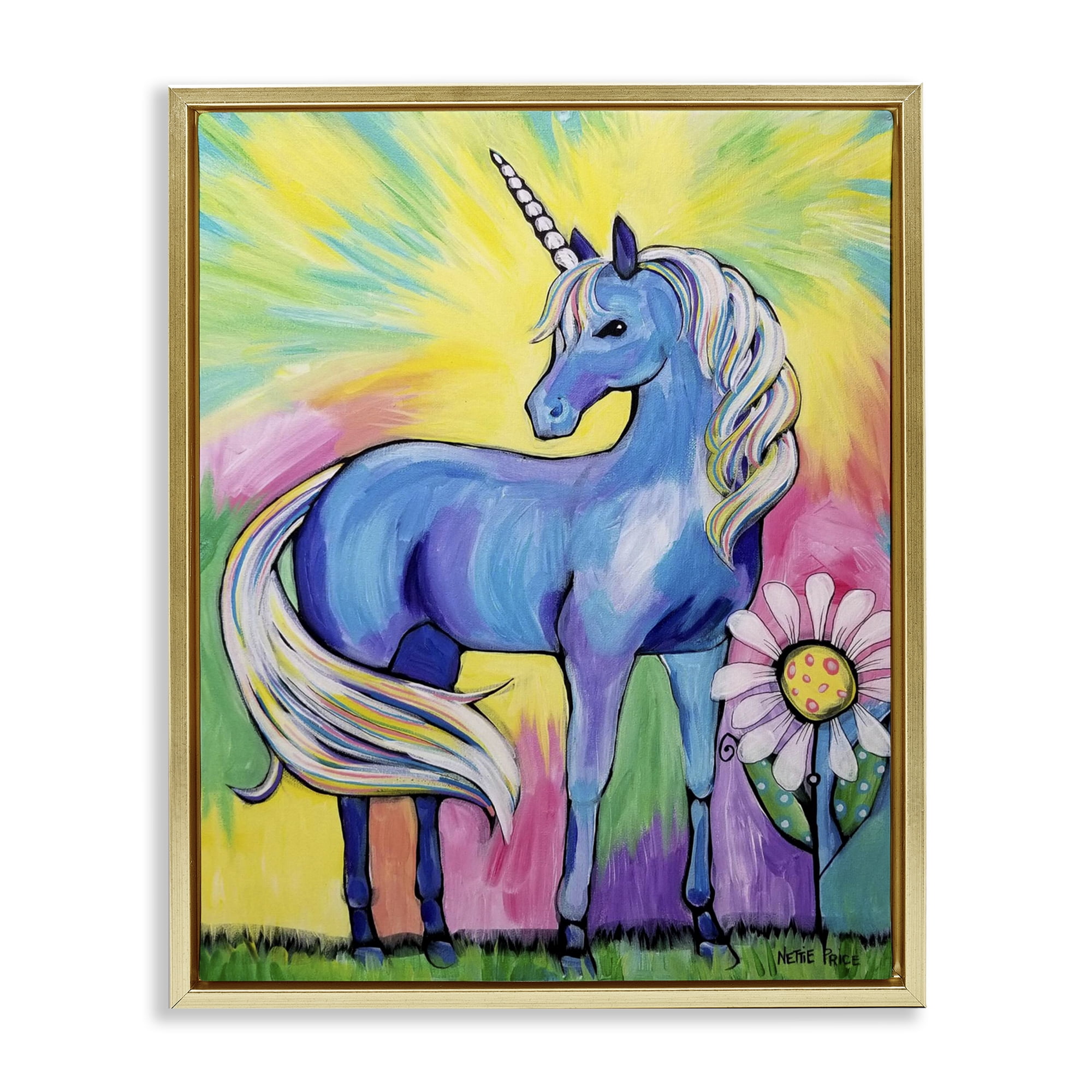 Stupell Industries Magical Unicorn in Rainbow Meadow Gold Framed Floater Canvas Wall Art, design by Nettie Price