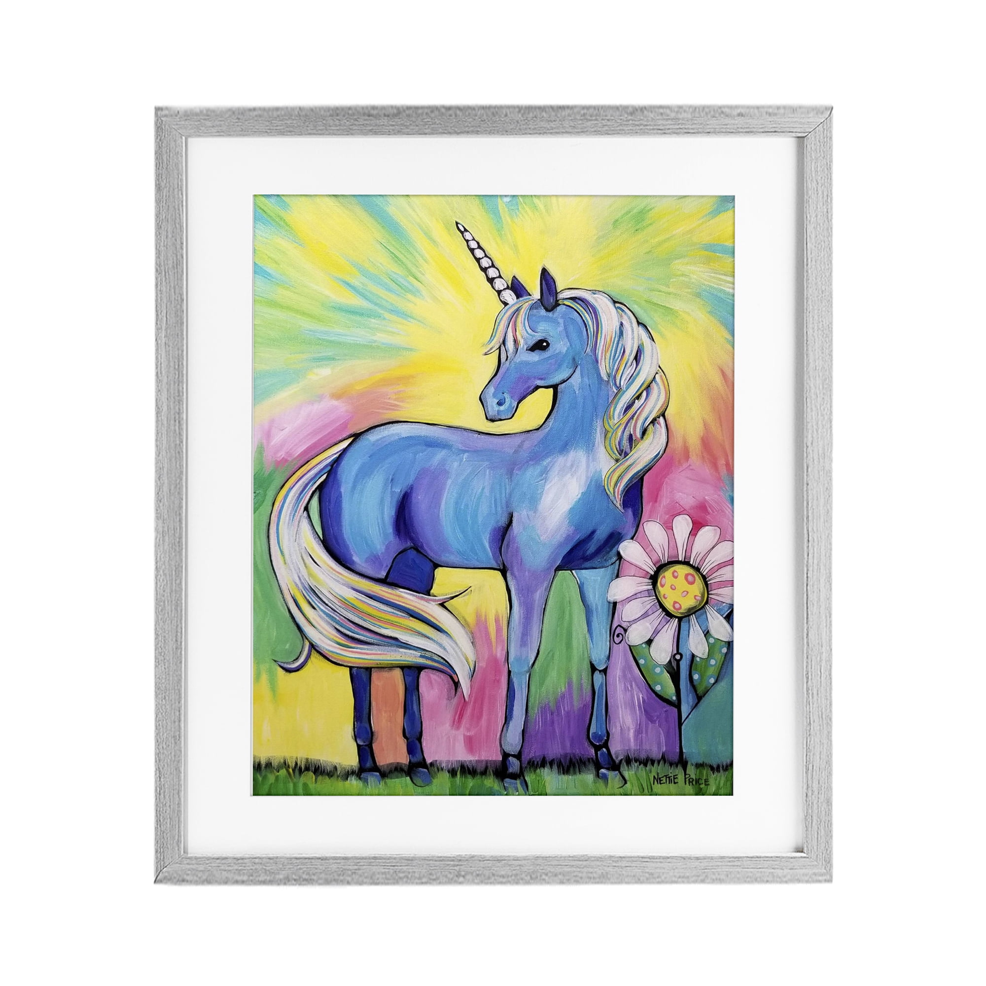 Stupell Industries Magical Unicorn in Rainbow Meadow Gray Framed Print Under Glass, design by Nettie Price