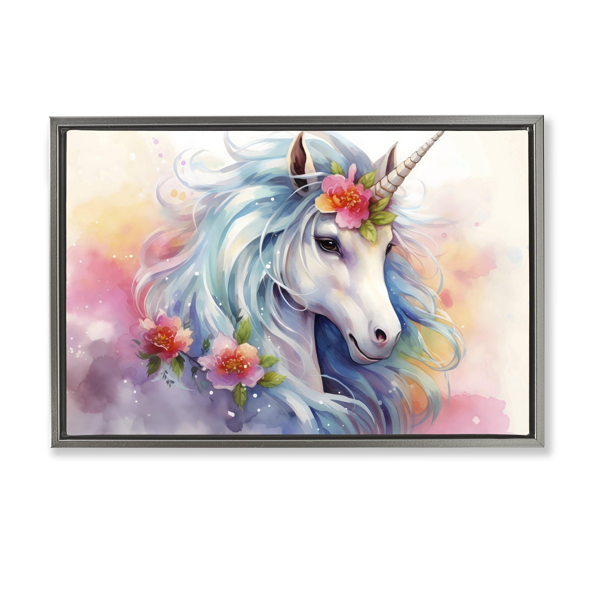 Stupell Industries Magical Unicorn with Blossoms Gray Framed Floater Canvas Wall Art, design by Creative Studio