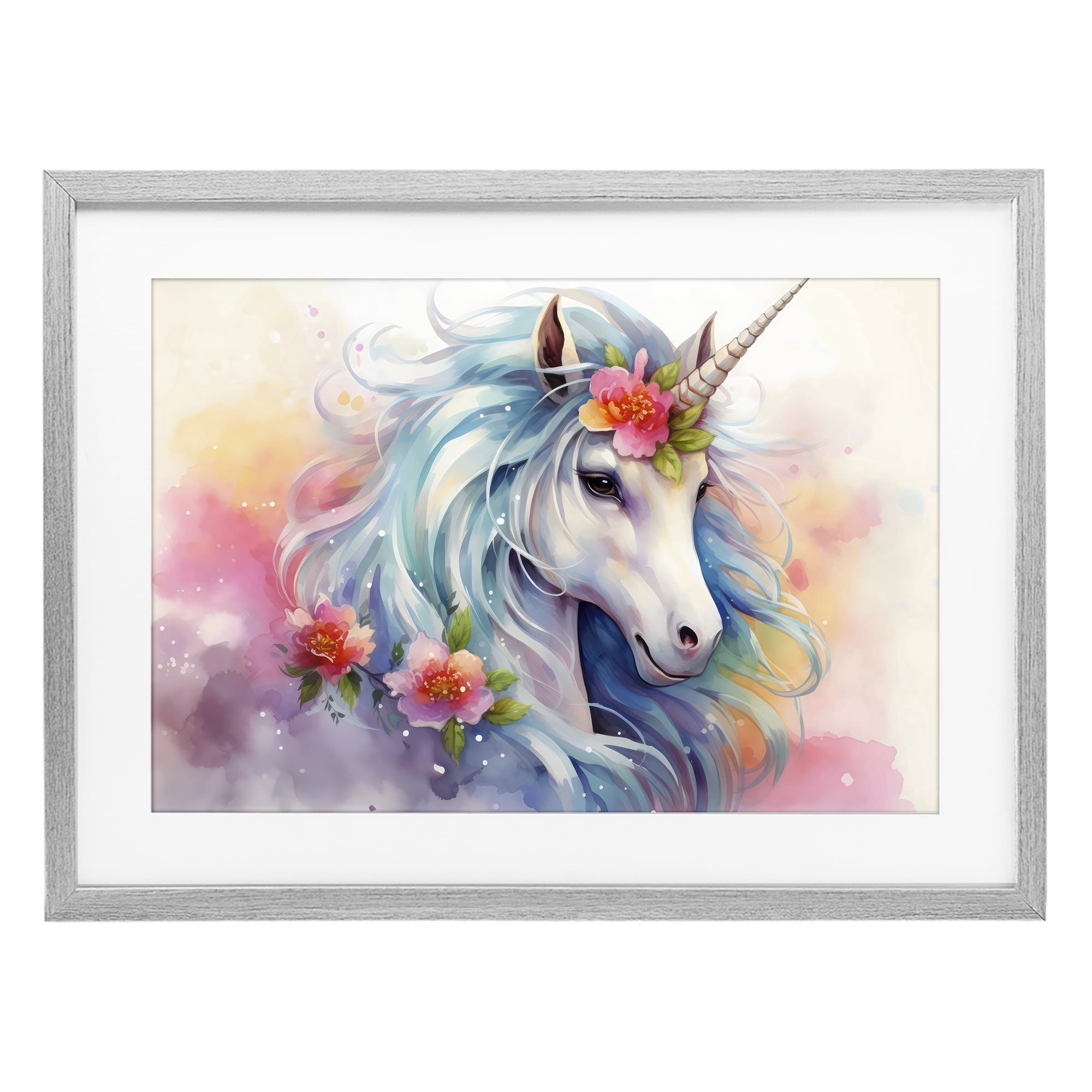 Stupell Industries Magical Unicorn with Blossoms Gray Framed Print Under Glass, design by Creative Studio