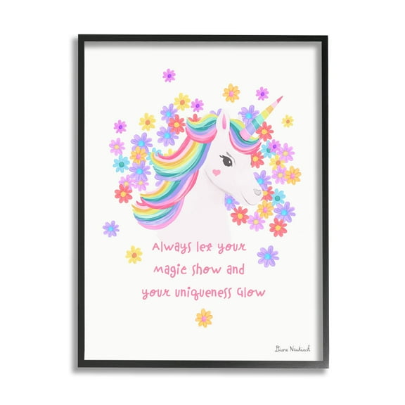 Stupell Industries Magical & Unique Quote Floral Pattern Unicorn Portrait Graphic Art Black Framed Art Print Wall Art, Design by Diane Neukirch