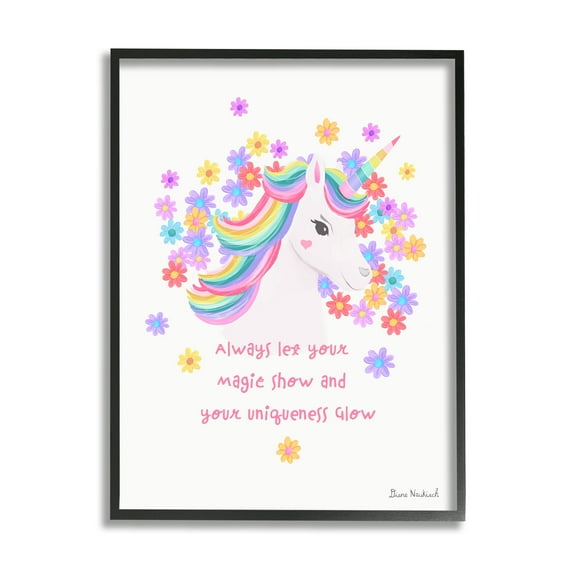 Stupell Industries Magical & Unique Quote Floral Pattern Unicorn Portrait Graphic Art Black Framed Art Print Wall Art, Design by Diane Neukirch