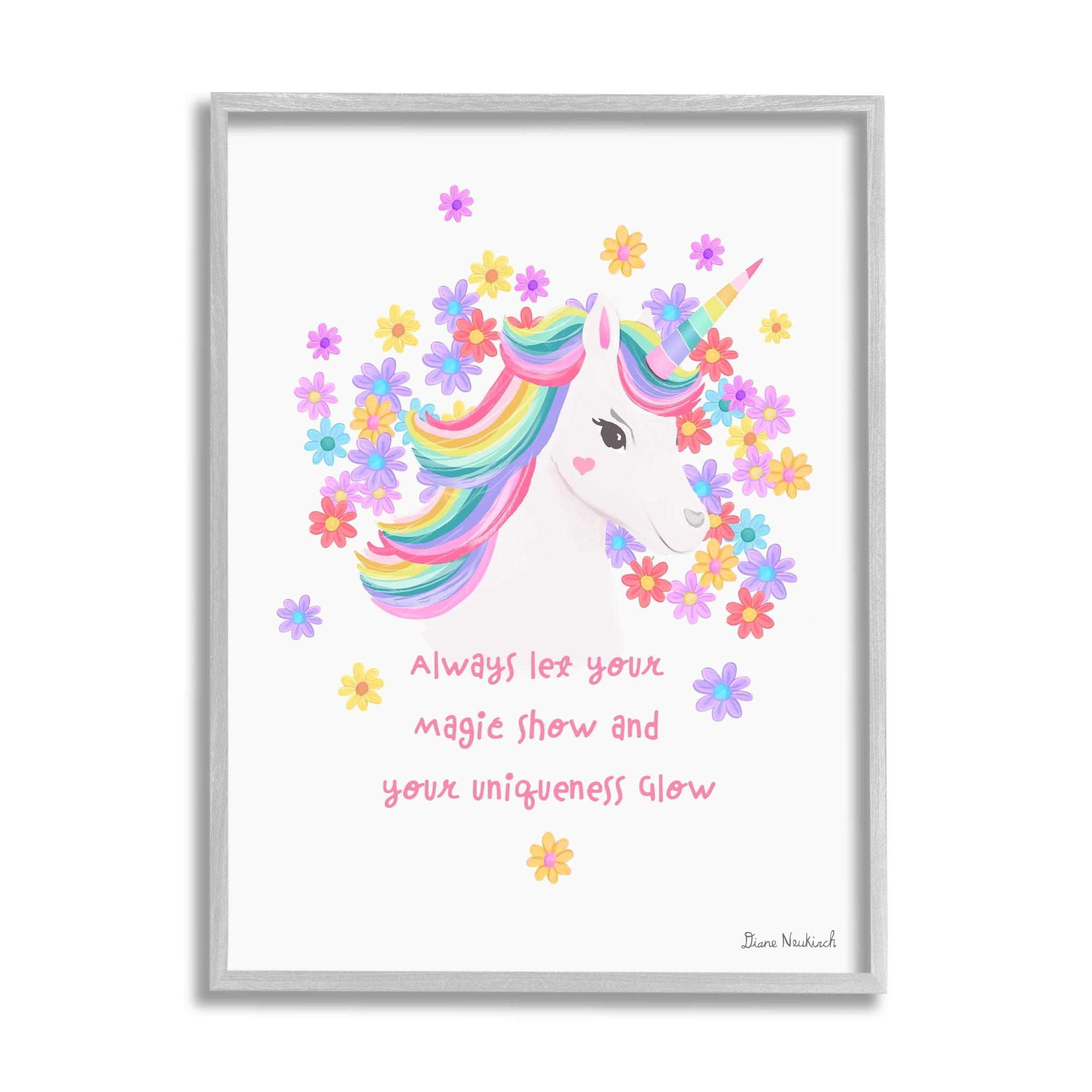 Stupell Industries Magical & Unique Quote Floral Pattern Unicorn Portrait Graphic Art Gray Framed Art Print Wall Art, Design by Diane Neukirch