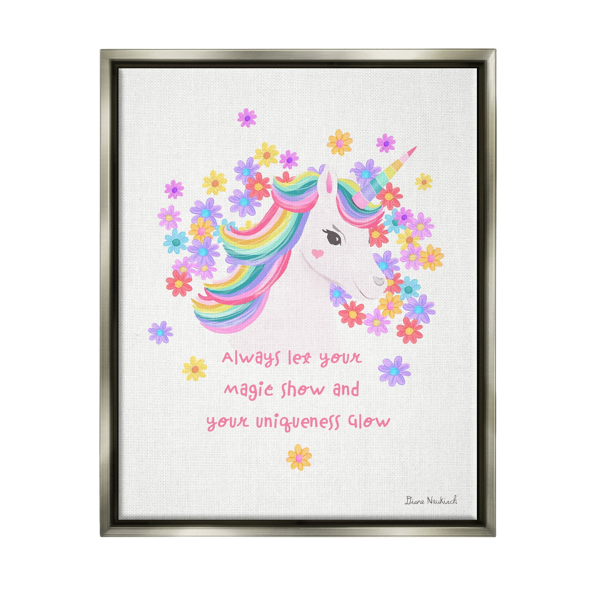 Stupell Industries Magical & Unique Quote Floral Pattern Unicorn Portrait Graphic Art Luster Gray Floating Framed Canvas Print Wall Art, Design by Diane Neukirch