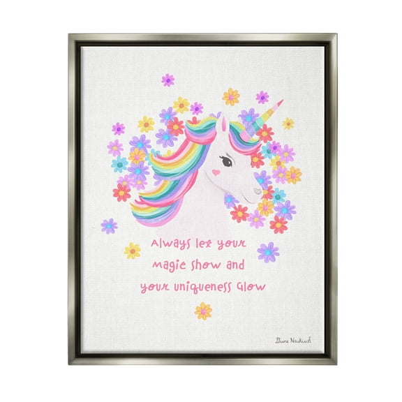 Stupell Industries Magical & Unique Quote Floral Pattern Unicorn Portrait Graphic Art Luster Gray Floating Framed Canvas Print Wall Art, Design by Diane Neukirch
