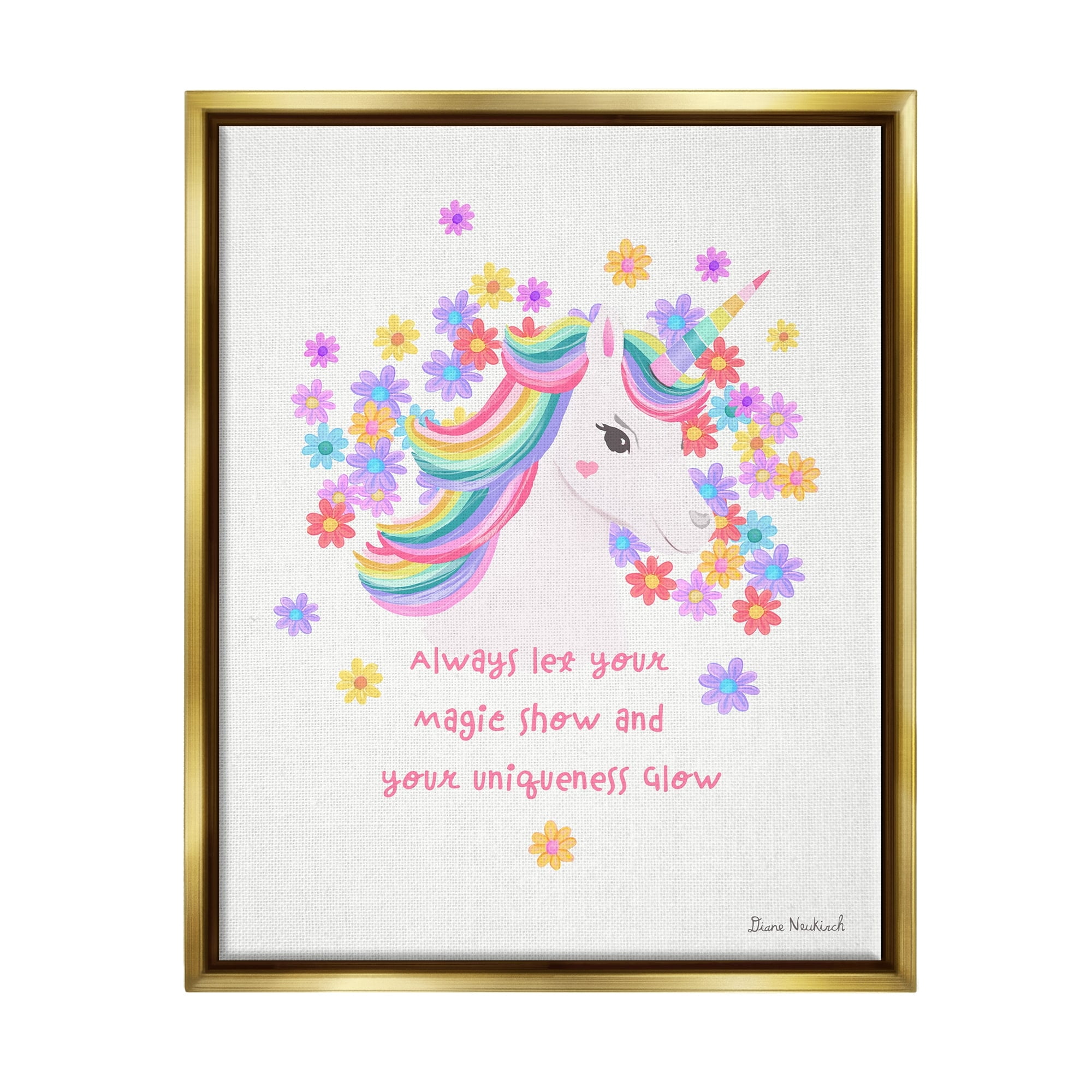 Stupell Industries Magical & Unique Quote Floral Pattern Unicorn Portrait Graphic Art Metallic Gold Floating Framed Canvas Print Wall Art, Design by Diane Neukirch