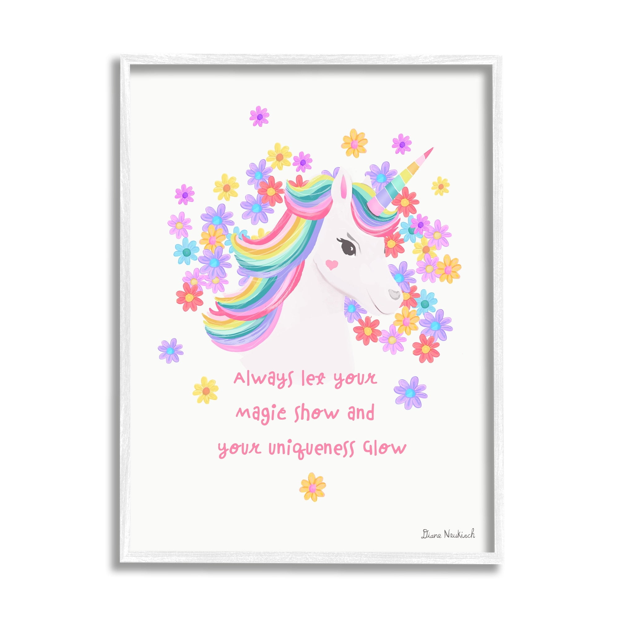Stupell Industries Magical & Unique Quote Floral Pattern Unicorn Portrait Graphic Art White Framed Art Print Wall Art, Design by Diane Neukirch