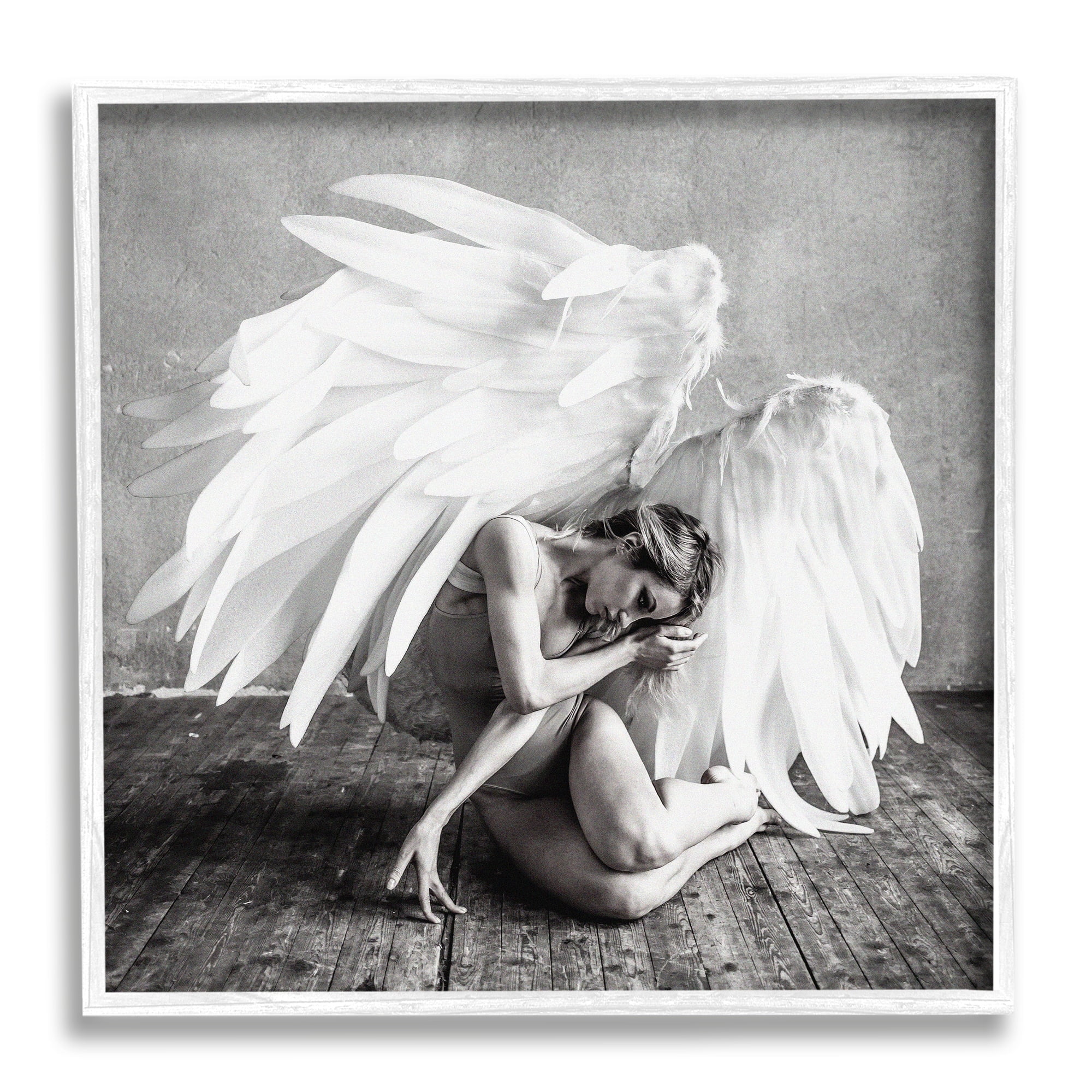 Stupell Industries Magical White Angel Wings Woman Monochrome Photography Framed Wall Art, 24 x 24, Design by Nicholas Ivins