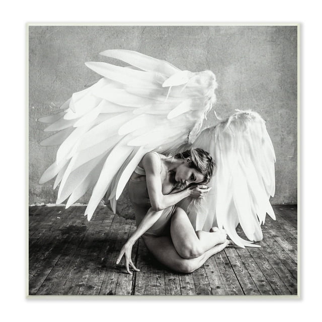 Stupell Industries Magical White Angel Wings Woman Monochrome Photography Wood Wall Art, 12 x 12, Design by Nicholas Ivins