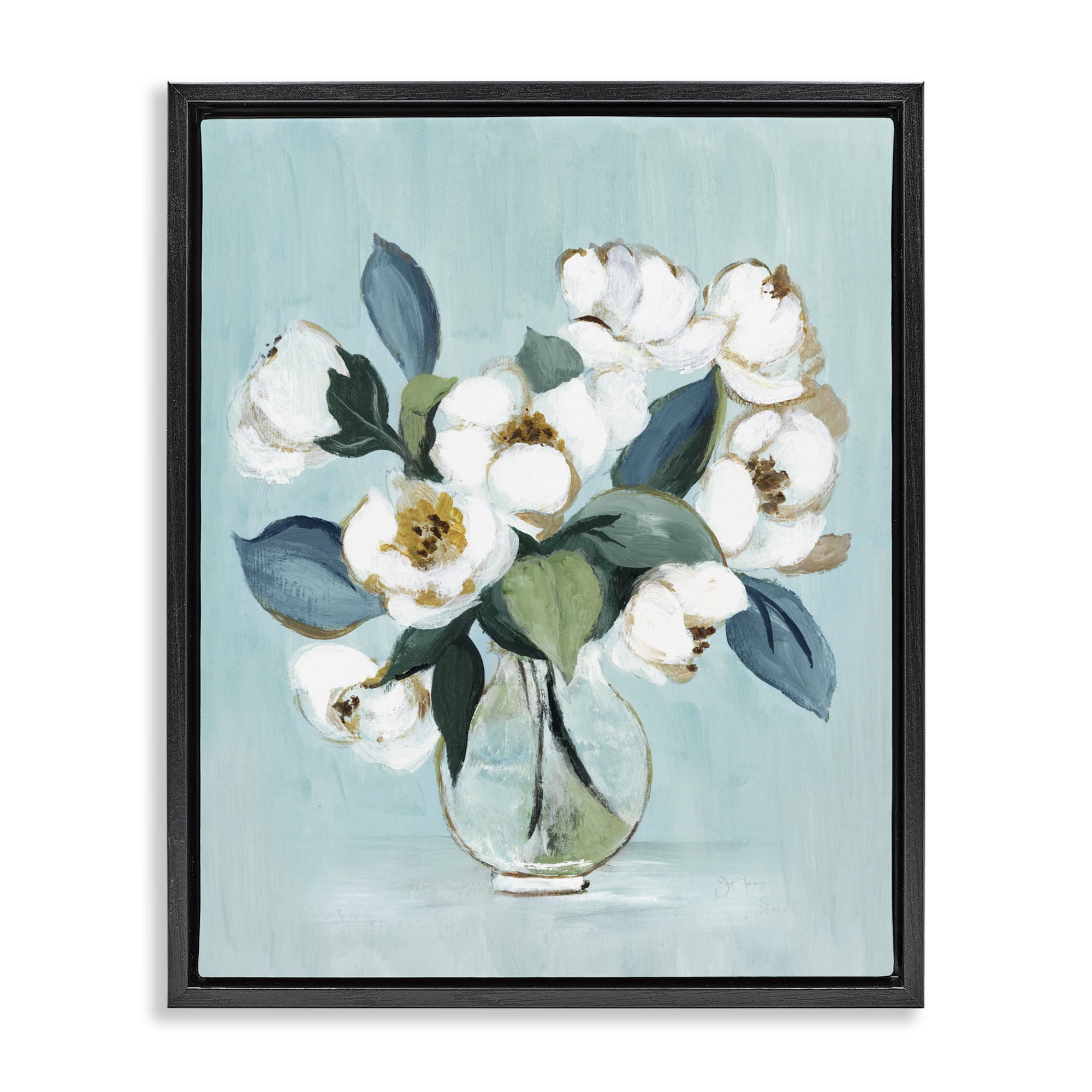 Stupell Industries Magnolia Arrangement over Blue Black Framed Floater Canvas Wall Art, design by Janet Tava