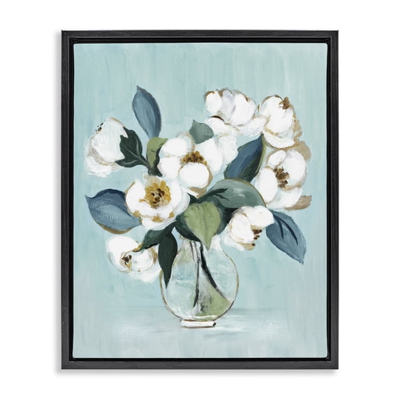 Stupell Industries Traditional Magnolia Arrangement over Blue Black Floating Frame Canvas Art, 17 x 21, by Janet Tava