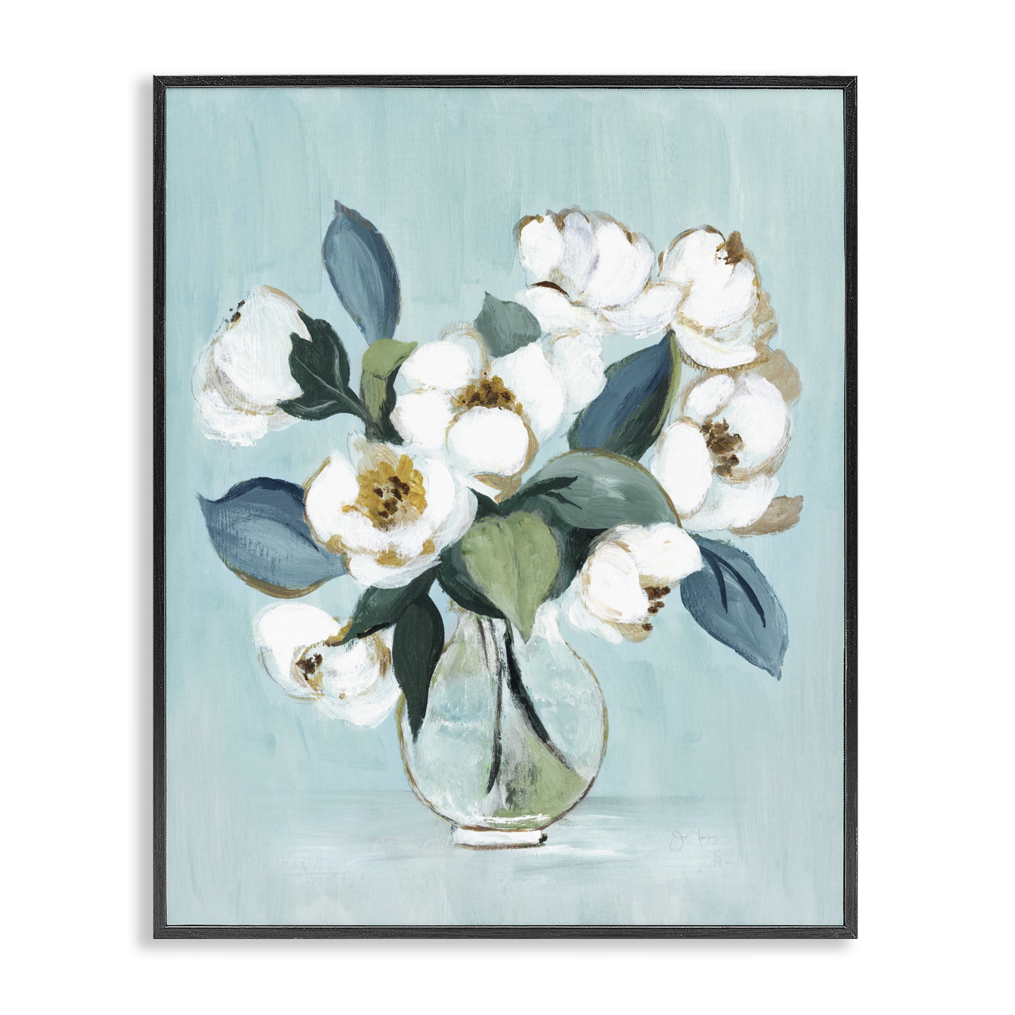 Stupell Industries Magnolia Arrangement over Blue Black Framed Giclee Art, design by Janet Tava