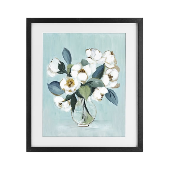 Stupell Industries Traditional Magnolia Arrangement over Blue Black Framed Print Under Glass, 13 x 16, by Janet Tava