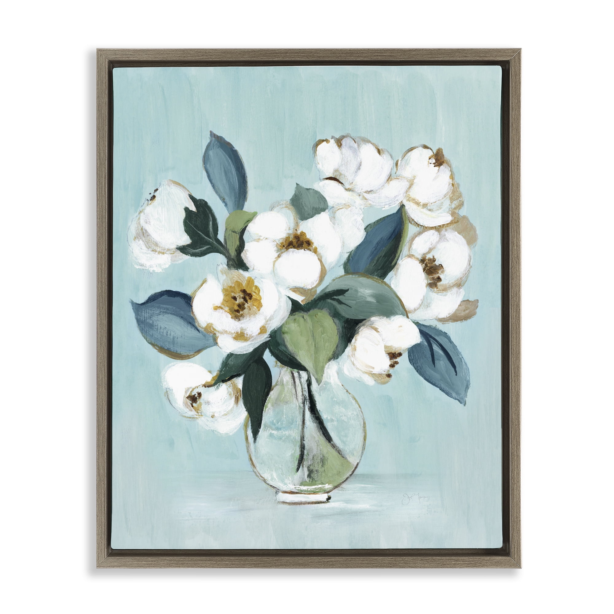 Stupell Industries Magnolia Arrangement over Blue Brown Framed Floater Canvas Wall Art, design by Janet Tava