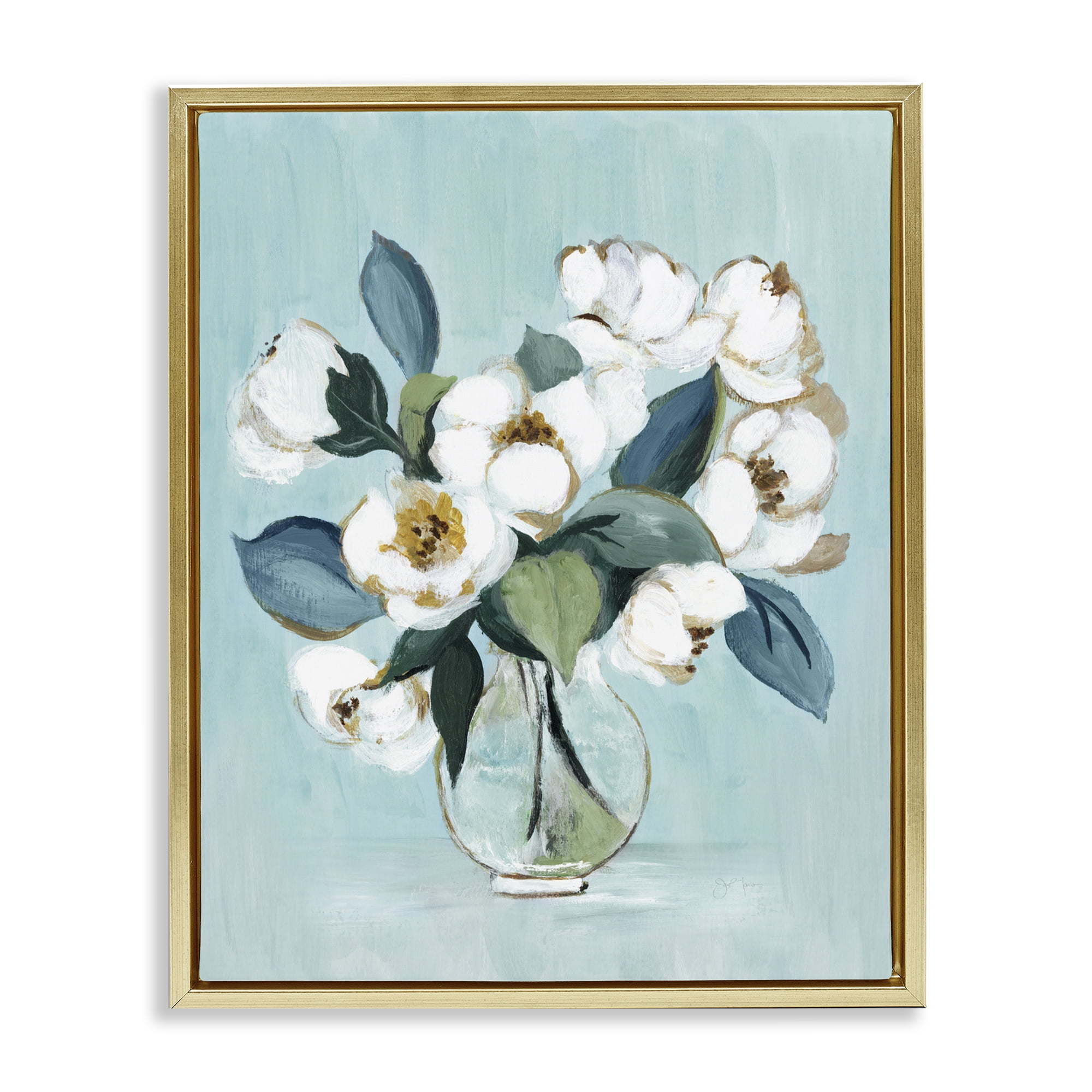 Stupell Industries Magnolia Arrangement over Blue Gold Framed Floater Canvas Wall Art, design by Janet Tava