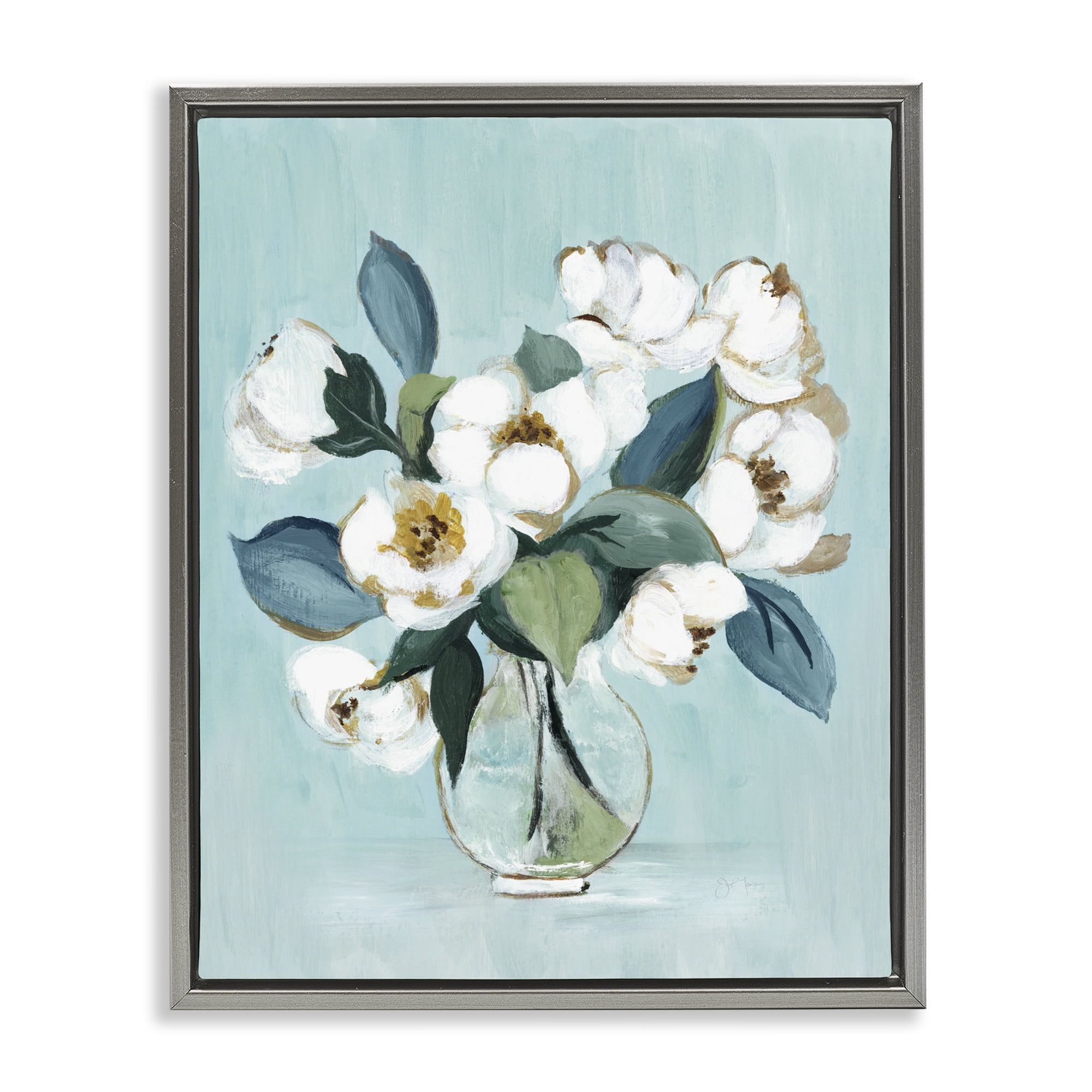 Stupell Industries Magnolia Arrangement over Blue Gray Framed Floater Canvas Wall Art, design by Janet Tava