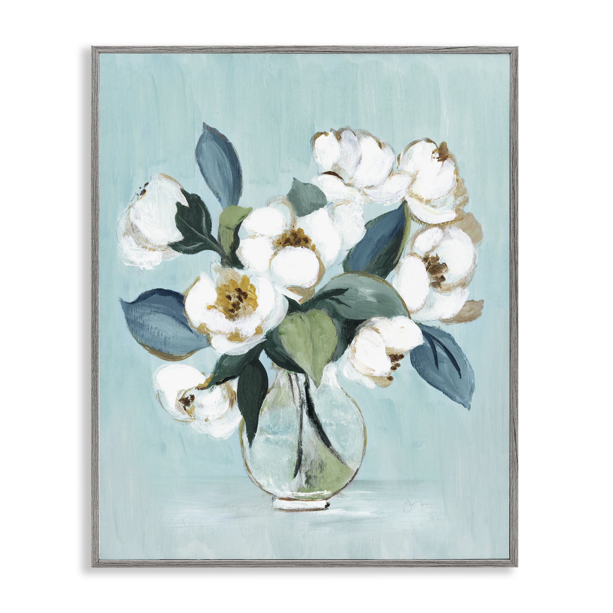Stupell Industries Magnolia Arrangement over Blue Gray Framed Giclee Art, design by Janet Tava