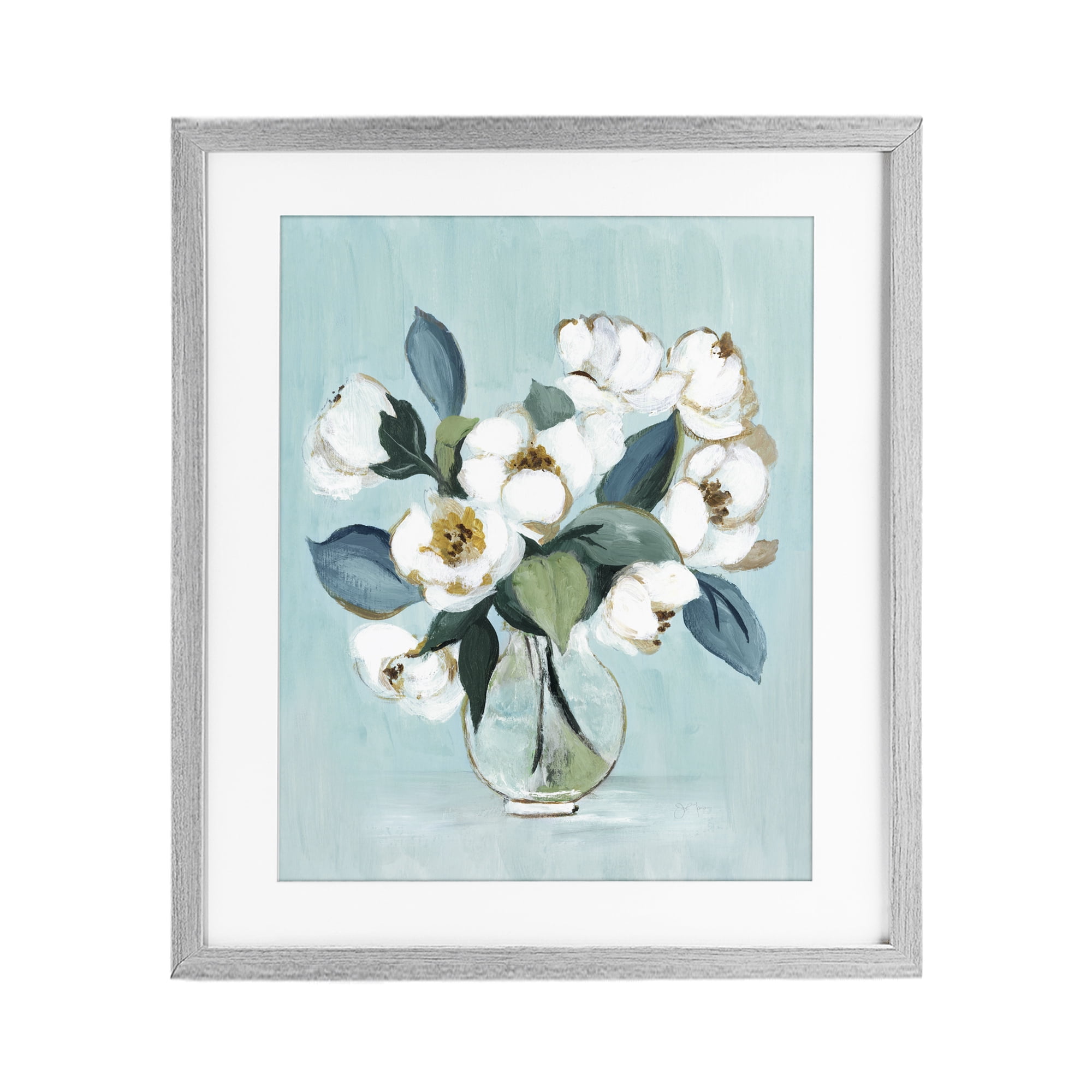 Stupell Industries Magnolia Arrangement over Blue Gray Framed Print Under Glass, design by Janet Tava
