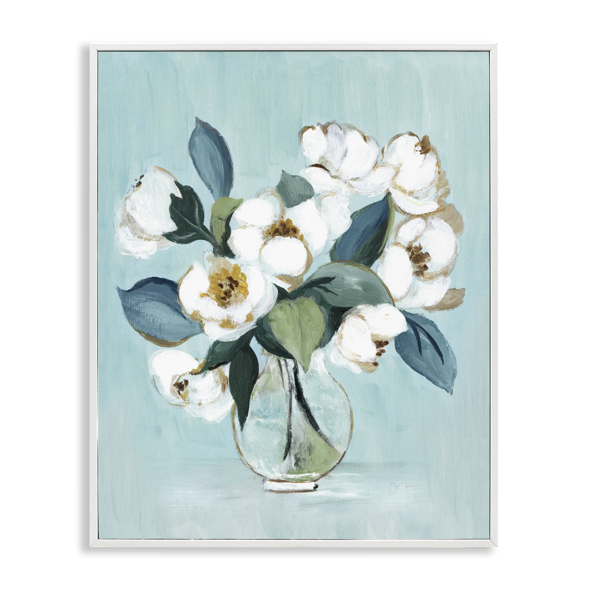 Stupell Industries Magnolia Arrangement over Blue White Framed Giclee Art, design by Janet Tava