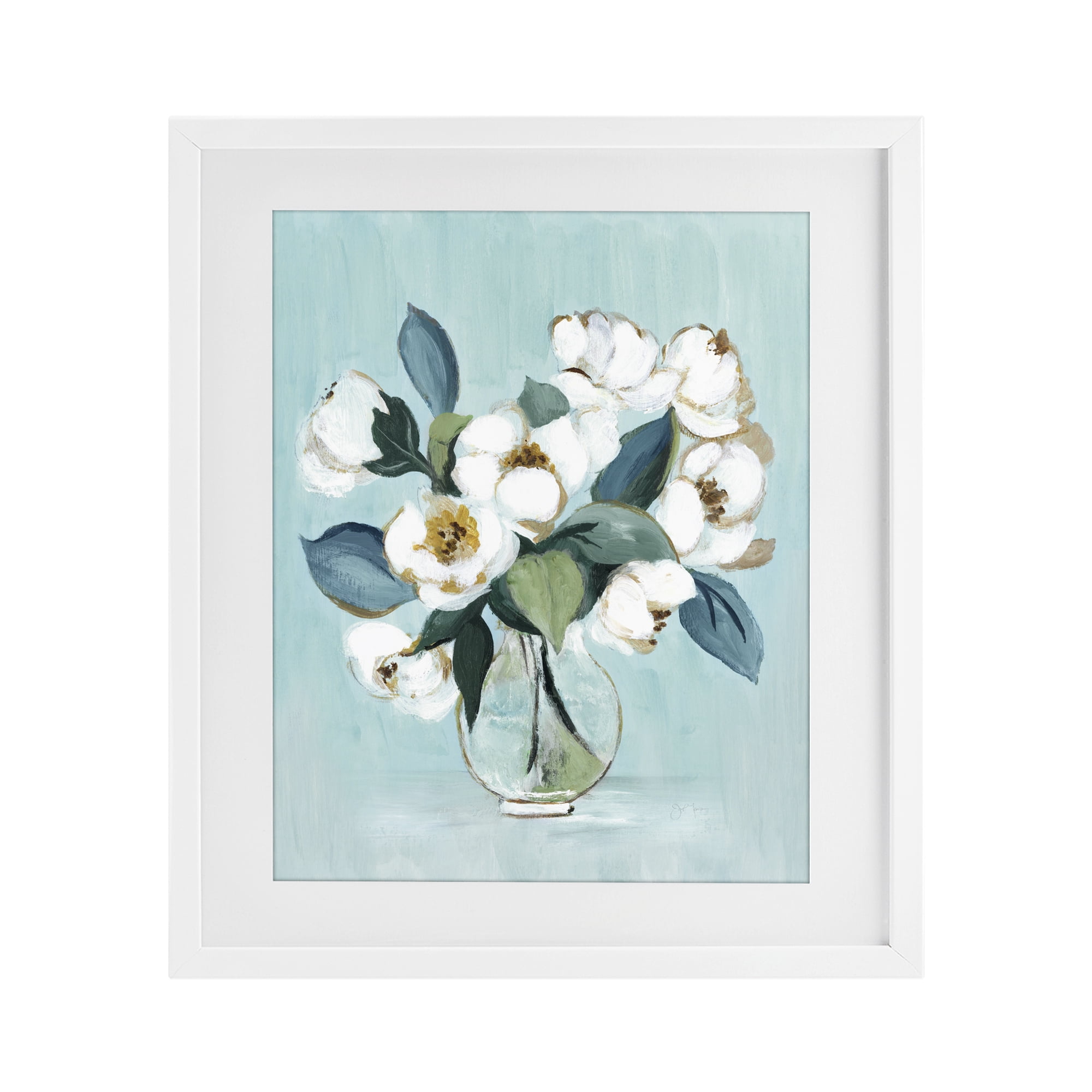 Stupell Industries Magnolia Arrangement over Blue White Framed Print Under Glass, design by Janet Tava