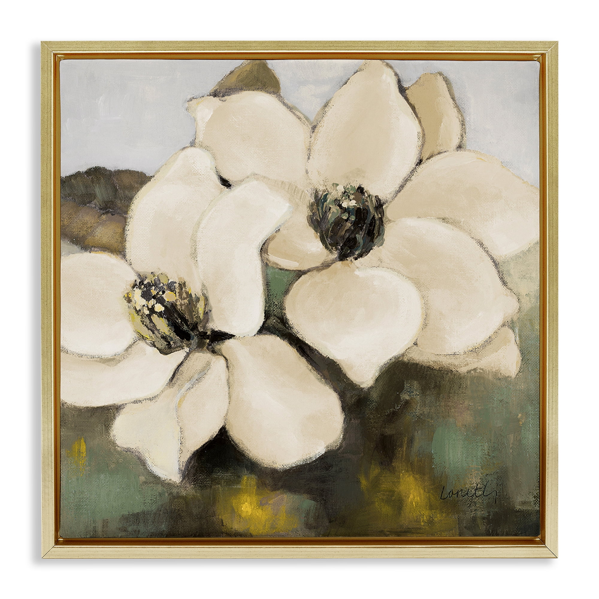 Stupell Industries Magnolia Blossom Duo Botanical & Floral Painting Gold Floater Framed Canvas Art Print Wall Art, 18 x 18