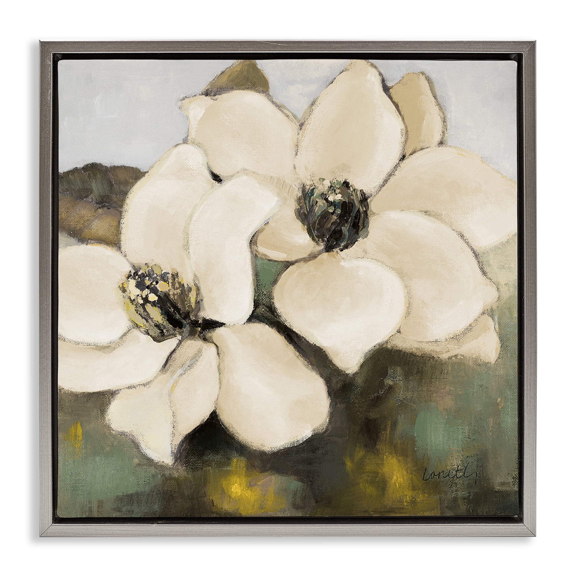 Stupell Industries Magnolia Blossom Duo Botanical & Floral Painting Gray Floater Framed Canvas Art Print Wall Art, 18 x 18