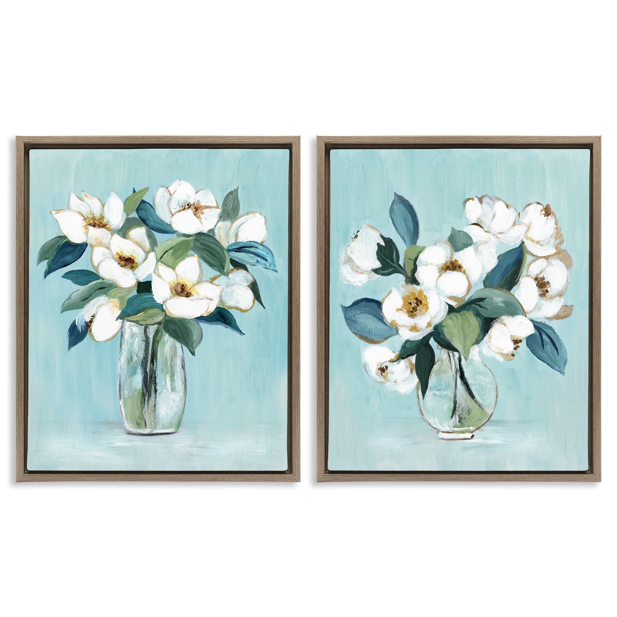 Stupell Industries Magnolia Blossom Vases 2 Piece Brown Framed Floater Canvas Set, design by Janet Tava