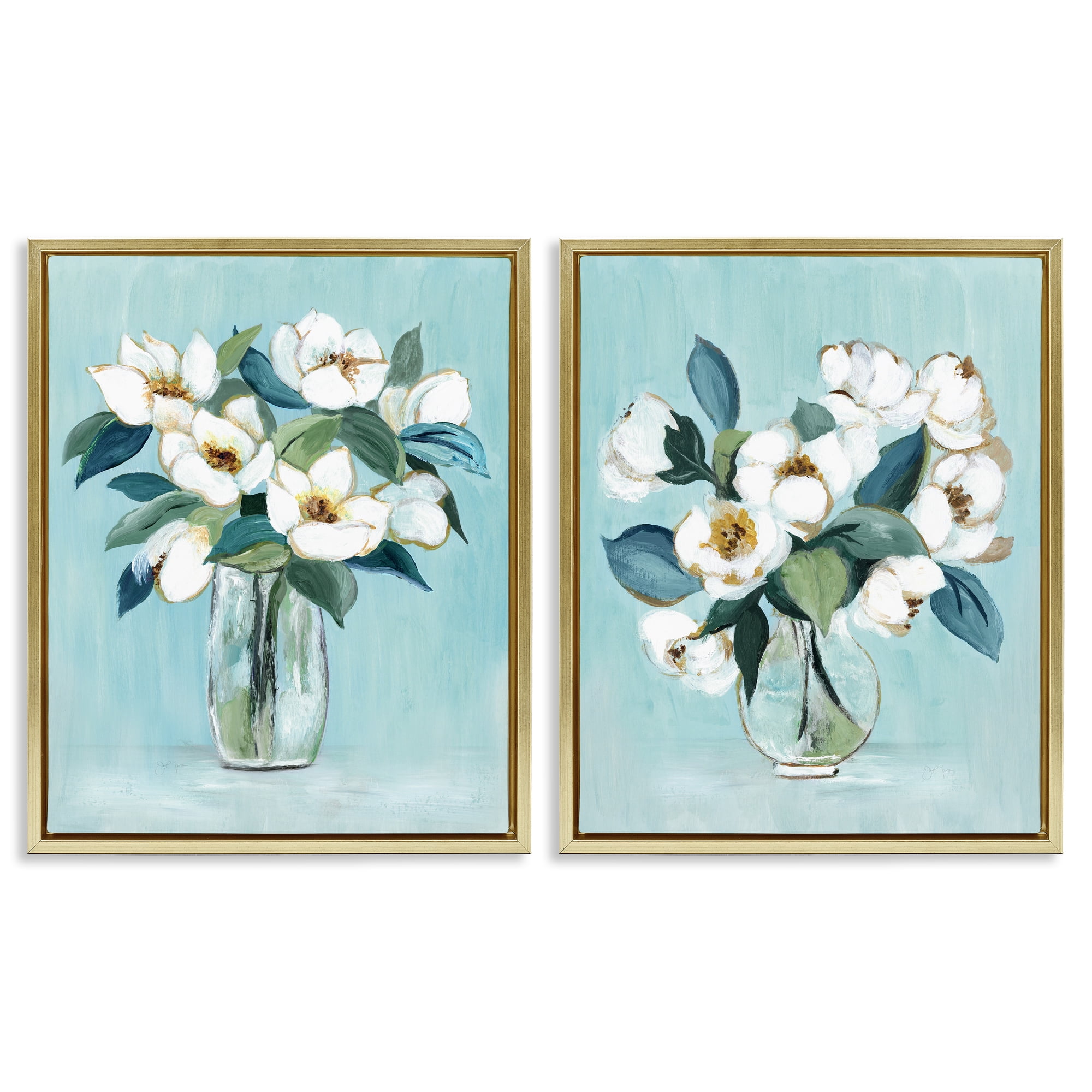 Stupell Industries Magnolia Blossom Vases 2 Piece Gold Framed Floater Canvas Set, design by Janet Tava