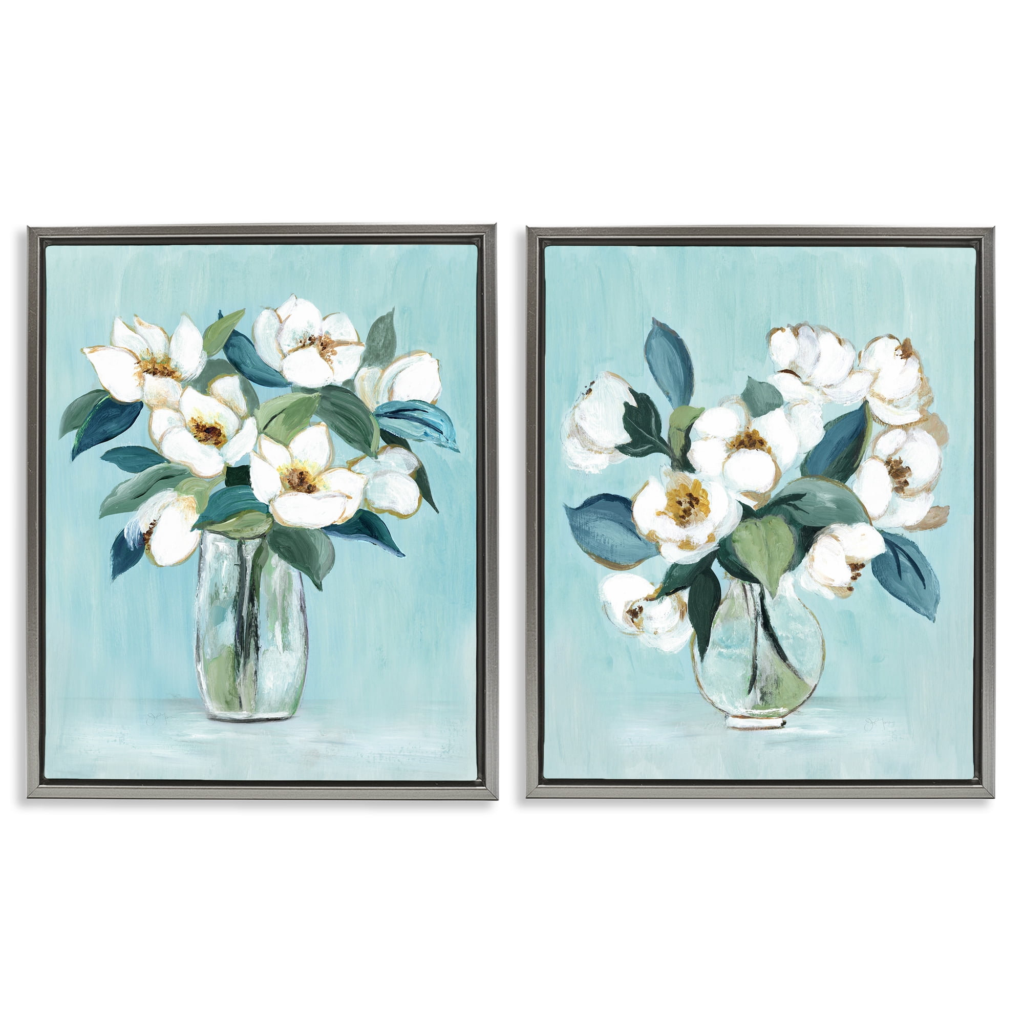 Stupell Industries Magnolia Blossom Vases 2 Piece Gray Framed Floater Canvas Set, design by Janet Tava
